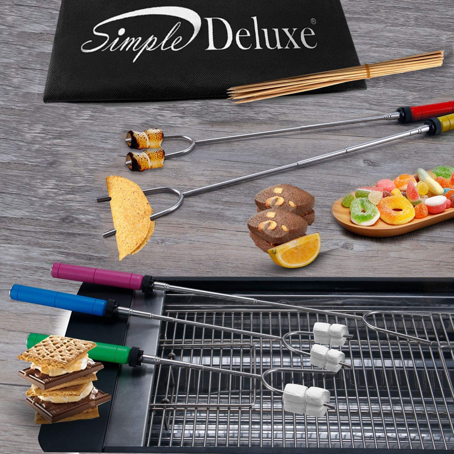 Simple Deluxe Kit di 10 bastoncini per arrostire marshmallow da 86,4 cm, design allungabile, spiedini telescopici e forchette per hot dog con manico in legno