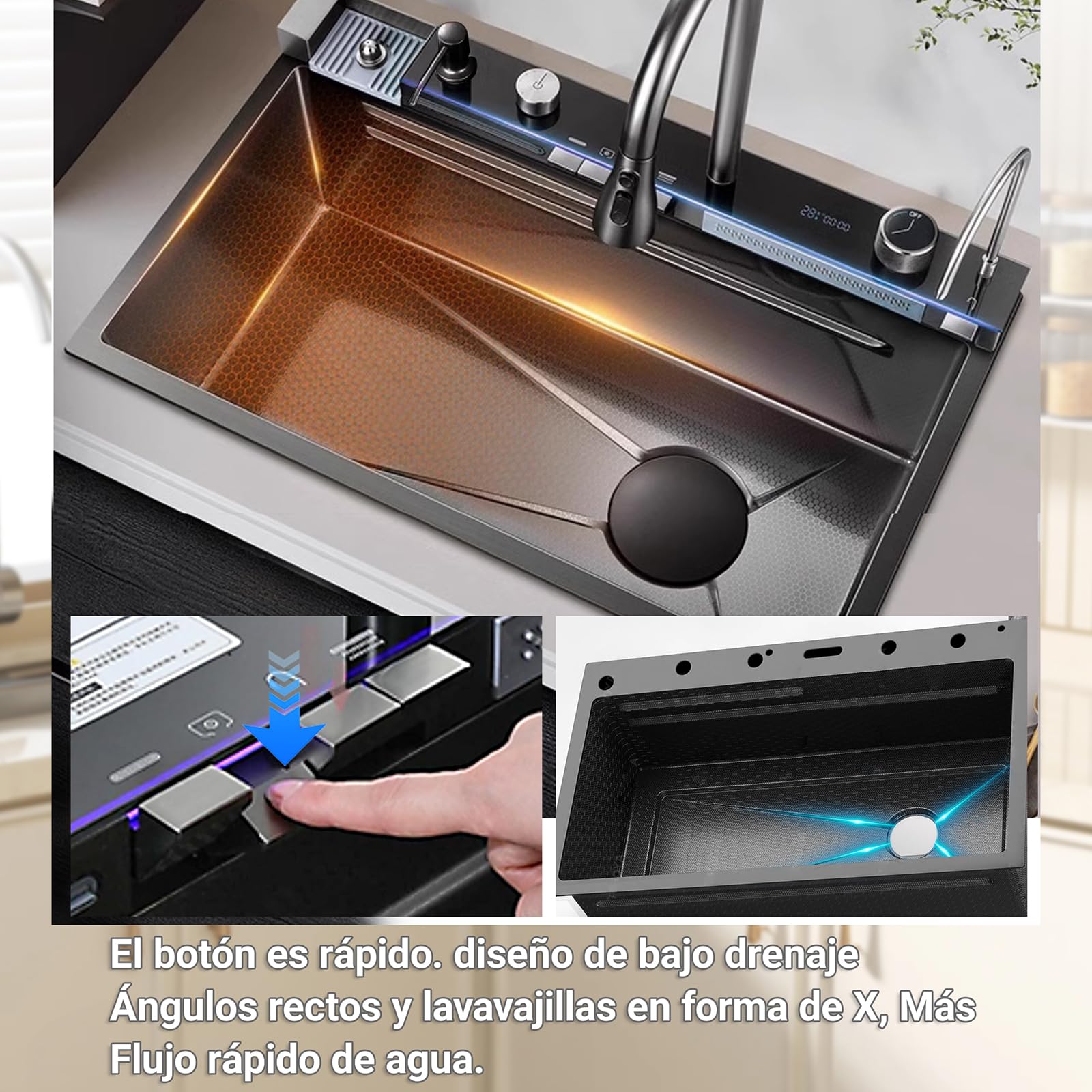 Fregadero Multifuncional 1 Seno, Negro Encimera Cocina, Fregadero Inteligente con Cascada Nano Revestimiento con Grifo ExtraíBle,Dispensador De JabóN, Arandela de Taza (68x45x22cm)