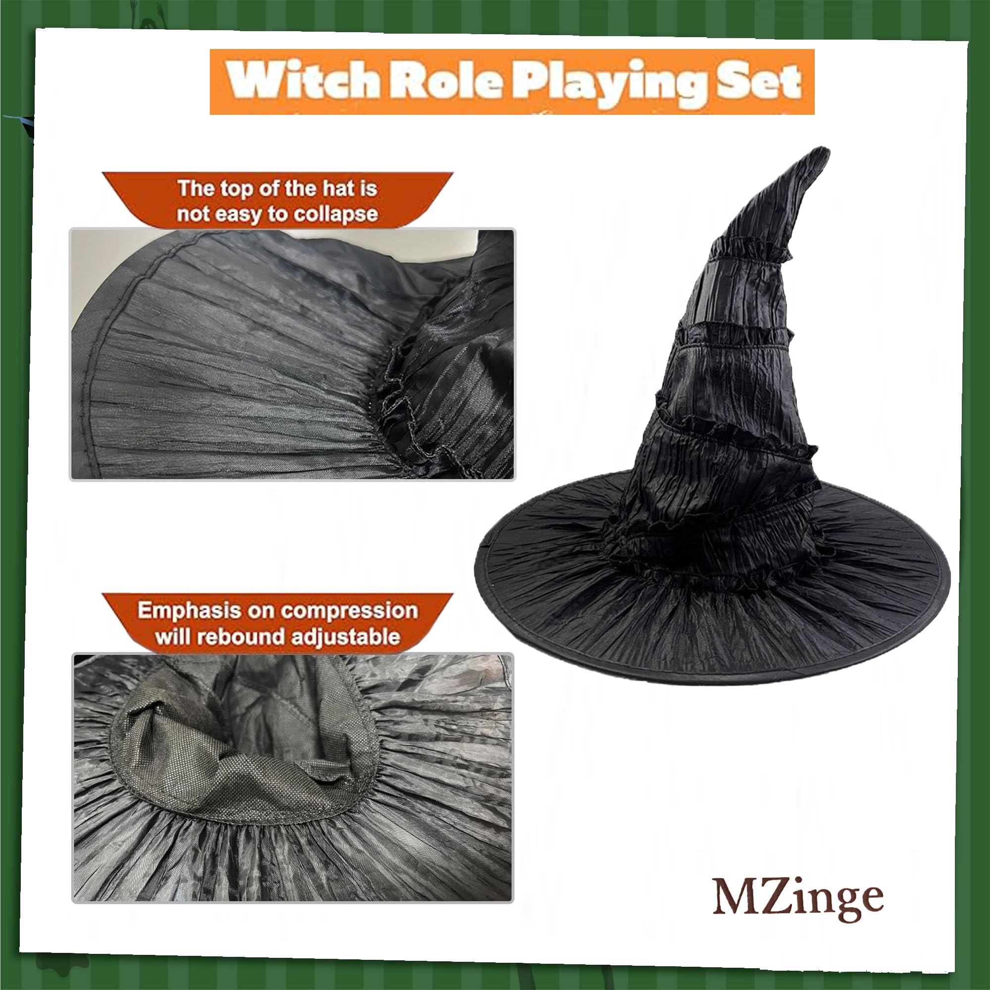 MZinge 3 Pcs Halloween Witch Elphaba Costume Accessories, Black Witchy Hat Elphie Glasses Green Gloves for Women for Cosplay Dress Up - Image 4