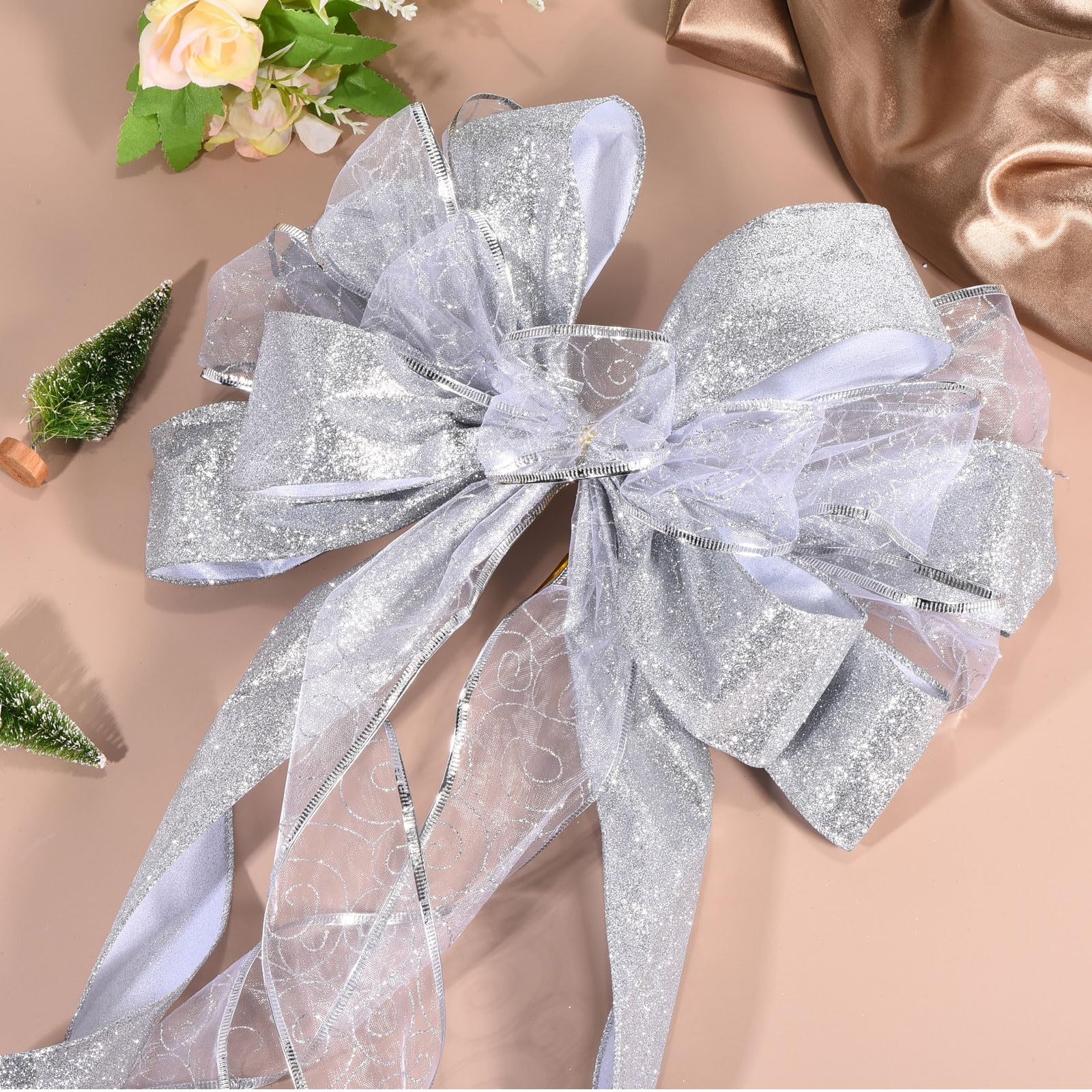 PATIKIL 2 Pcs Grand Nœud d'arbre 52"x13" Décoration De Fleur Argenté | Pour Sapin De Noël Avec Longues Banderoles Et Ruban À Motifs De Flocons De Neige Pour Mariage Anniversaire Fête Party