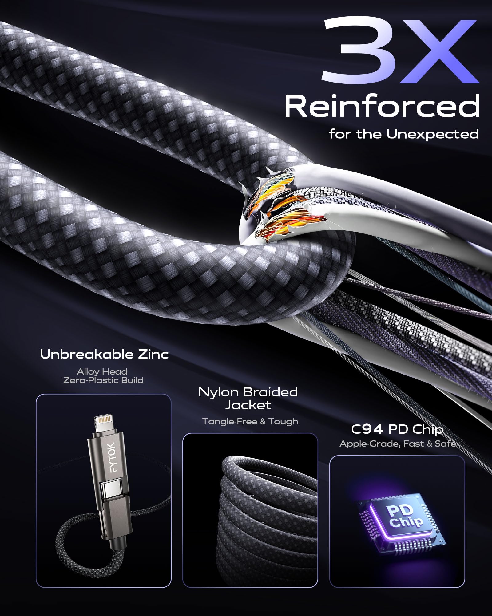 Cavo USB C per ricarica rapida, 60 W, cavo di ricarica per iPhone 3,5 m, certificato Apple MFi, cavo di ricarica 4 in 1 da USB a USBC a Lightning, con tipo C/USB A, per iPhone 17/16/15/14/13/12/iPad