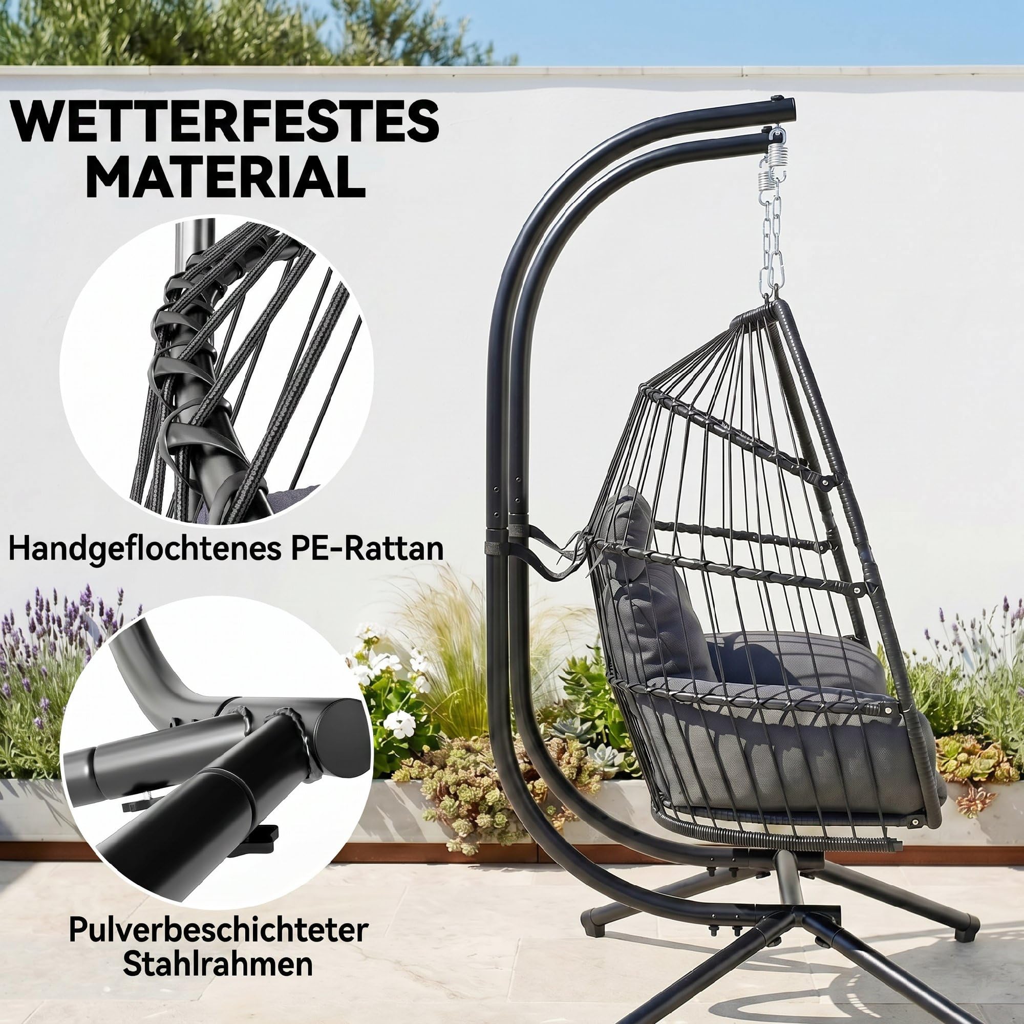 Outsunny Wiszący fotel składany z ramą dla 2 osób 260 kg Ciemnoszary | Kosz wiszący z poduszkami, Polyrattan, ergonomiczny, huśtawka, krzesło wiszące, fotel na balkon i taras