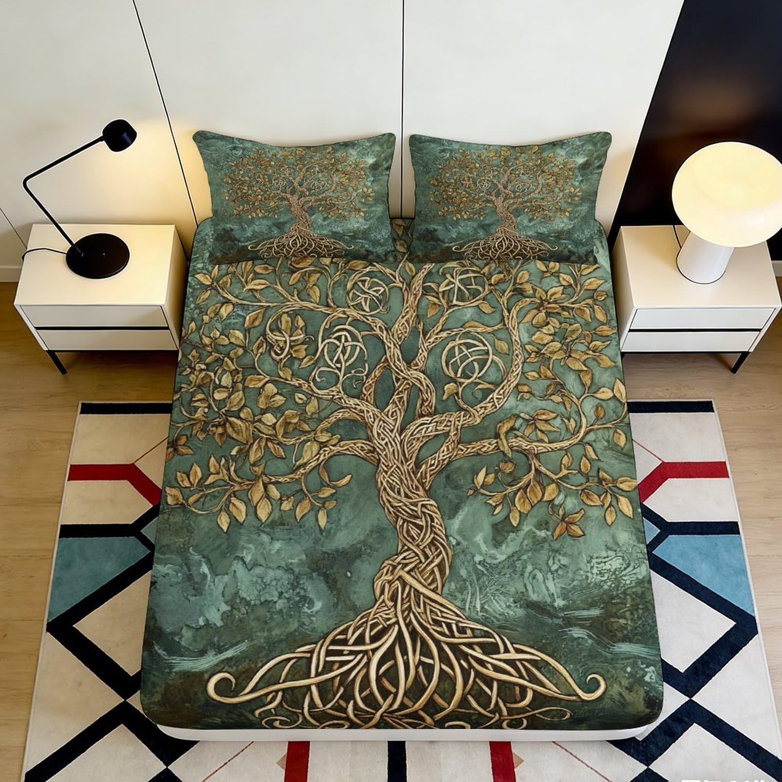 3D Printed Tree of Life Fitted Sheet Microfiber Bed Cover Celtic Art Mattress Protector for Bedroom Decor 118x200cm 160x200x25cm