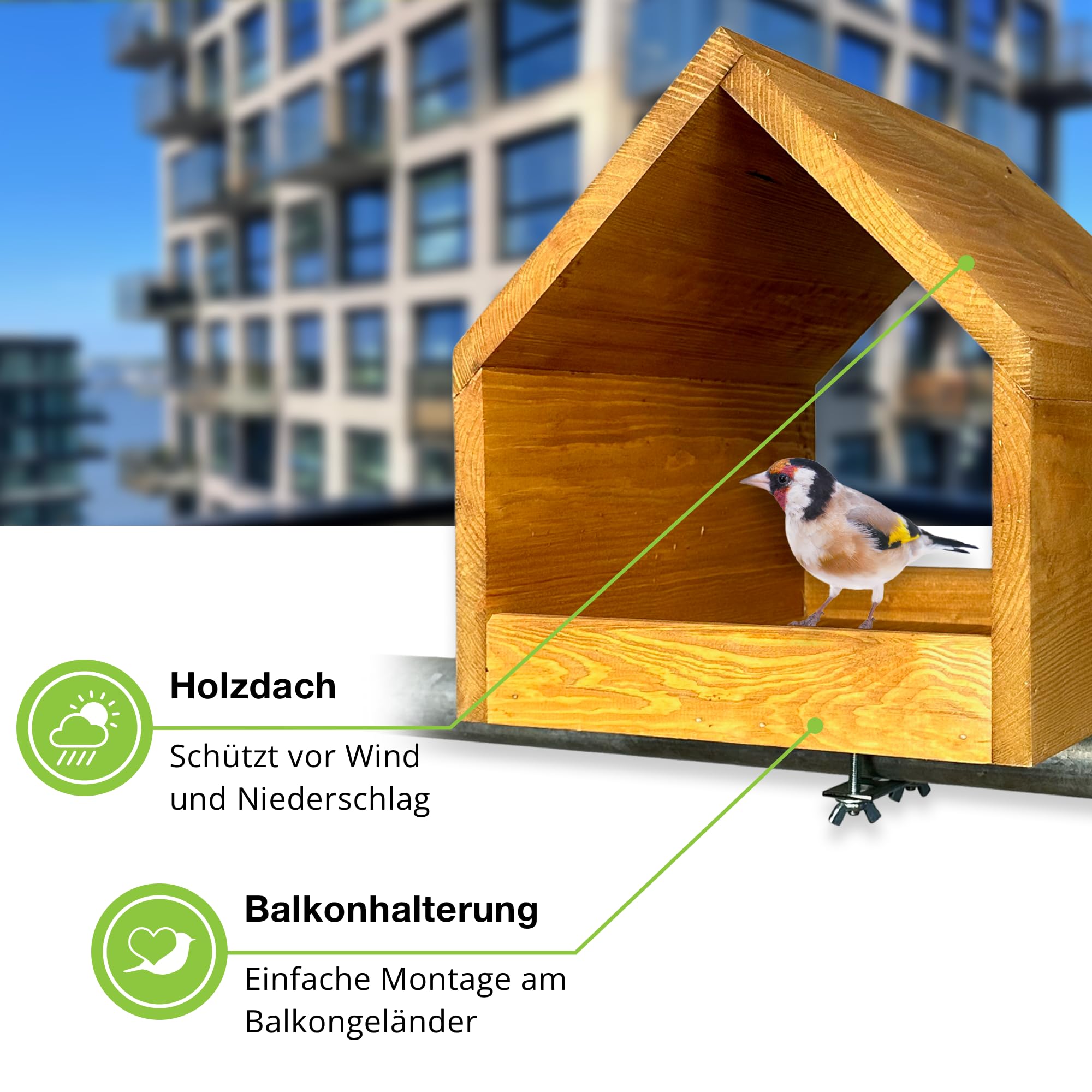 GARTENETAGE Balkon-Vogelfutterhaus aus massivem Kiefernholz mit Stabiler Balkonhalterung – wetterfestes Futterhaus für Wildvögel, Meisen & Rotkehlchen – dekorativ, nachhaltig, leicht zu reinigen