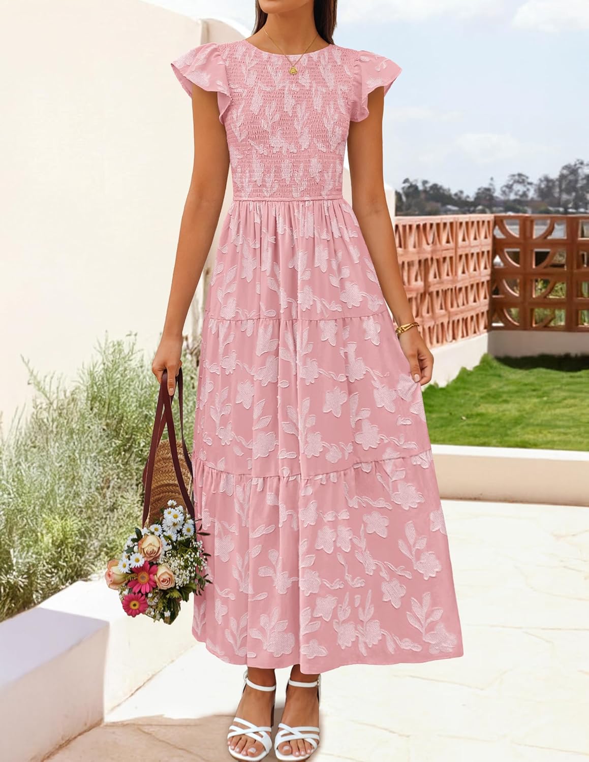 ZESICA Women's Summer Boho Floral Midi Dress 2026 Casual Flutter Short Sleeve Crewneck Smocked Flowy Beach Long Dresses - Image 5