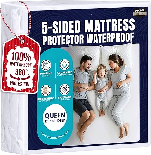 Utopia Bedding Protector de colchón impermeable de 5 lados tamaño Queen, funda de colchón transpirable de alta calidad, estilo ajustado con