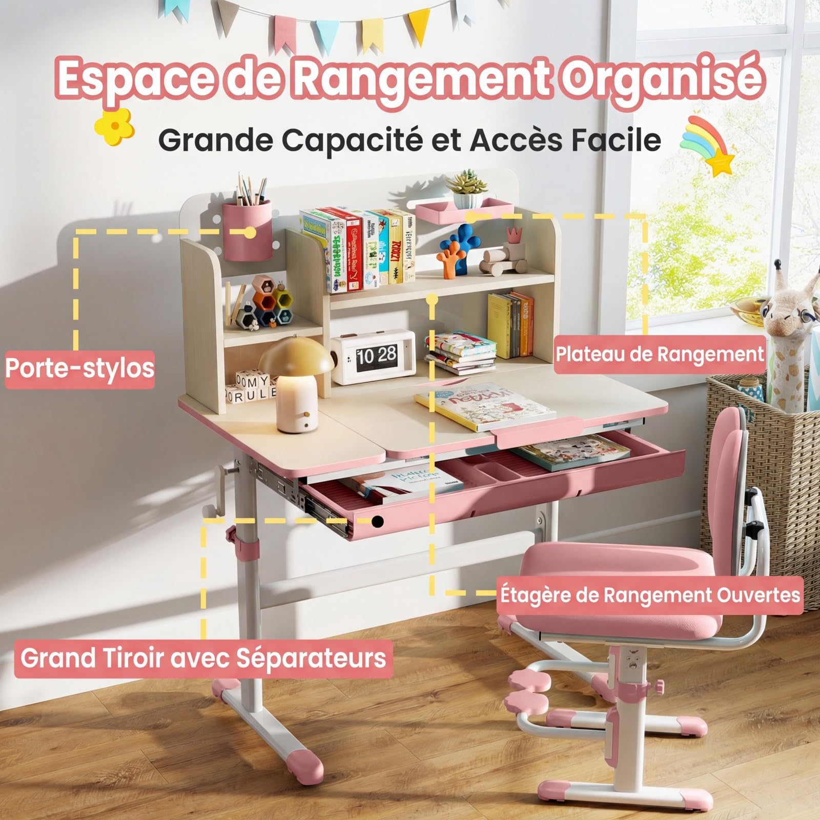 DREAMADE Bureau Enfant 2 Niveau Plateau Inclinable Hauteur Réglable Table d'Étude Ergonomique Bibliothèque Tiroir Charge 100KG Rose