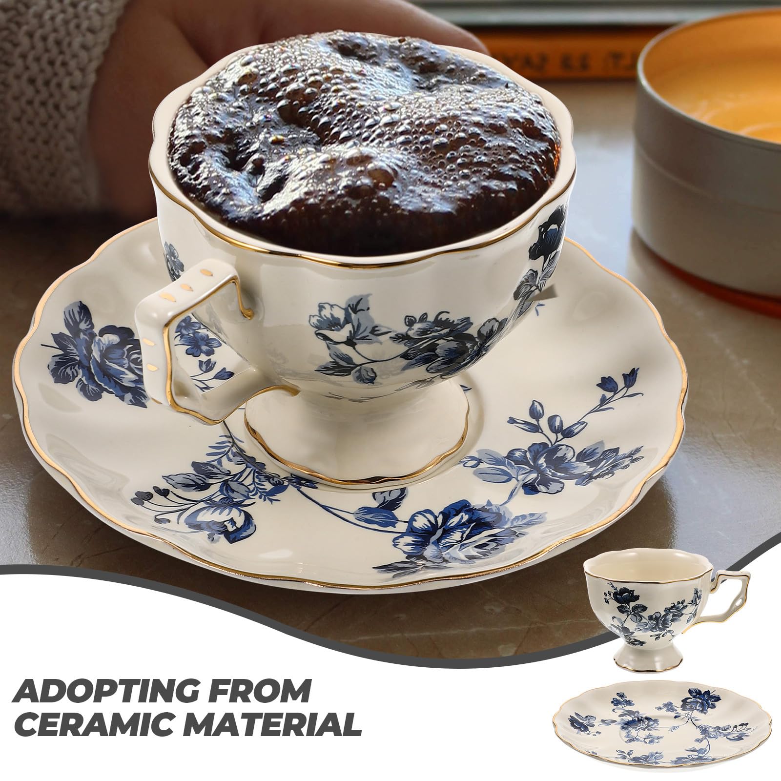 Beavorty Vintage Keramiktasse mit Unterteller Milchtasse und Wasserbecher Blaues Florales Muster 1 Satz für Frühstück und Kaffeepause