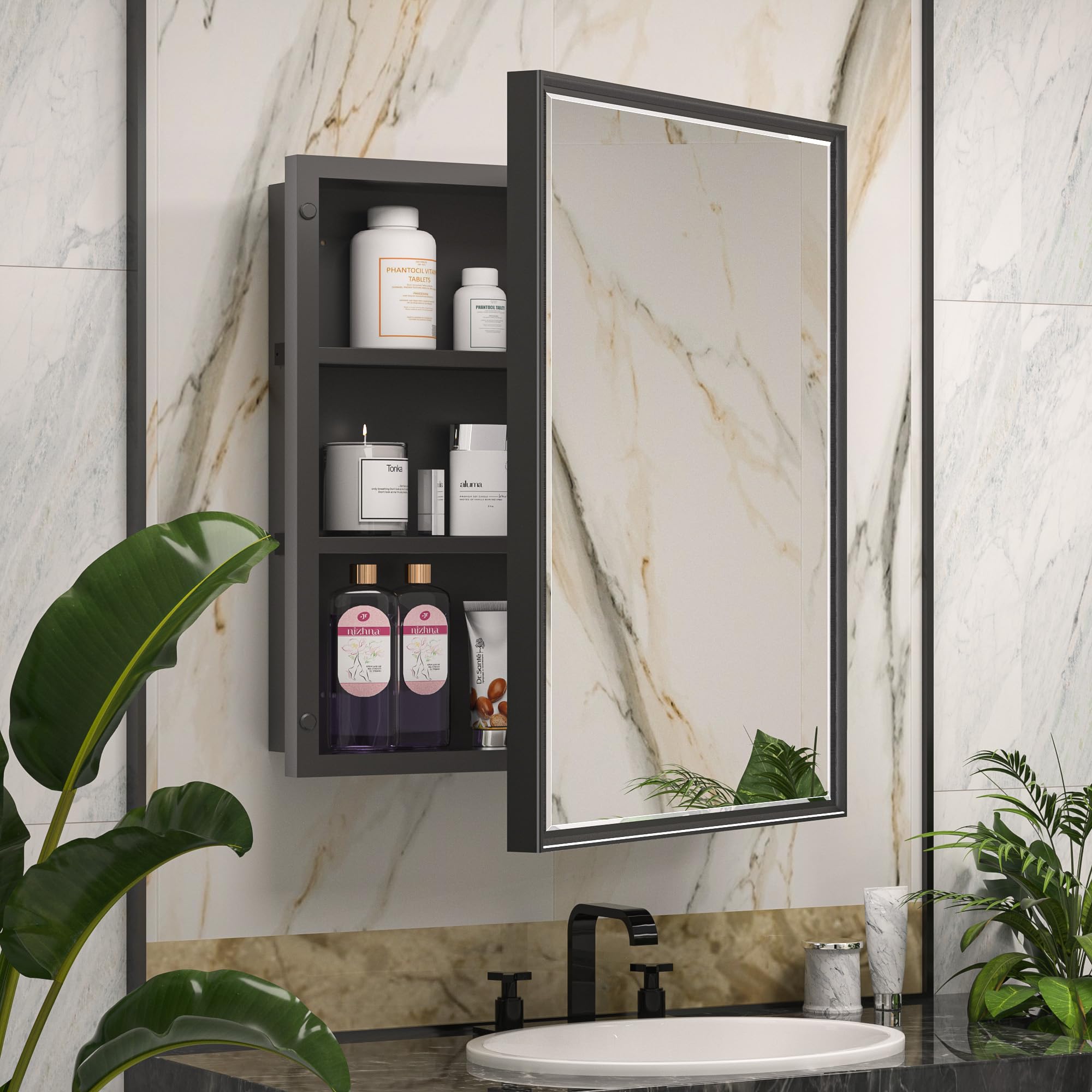 Keonjinn 20?Ç¥ x 26?Ç¥ Black Medicine Cabinets for Bathroom with Mirror Recessed or Surface Wall-Mounted Aluminum Alloy Framed Beveled Mirror, Single Door Metal Bathroom Vanity Mirror with Storage Cabinet