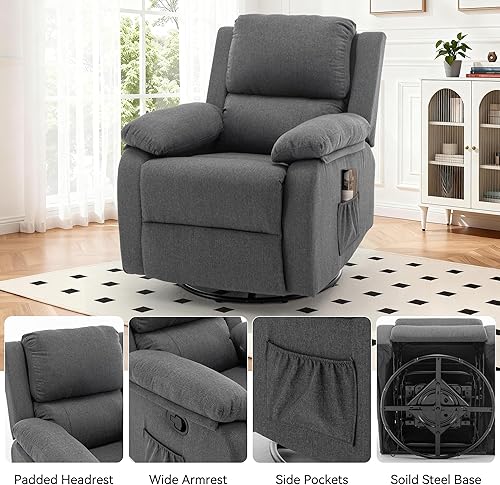 Miniatura 8 de Silla reclinable, silla mecedora giratoria de 360 grados para adultos, silla reclinable pequeña para espacios pequeños, silla reclinable de tela