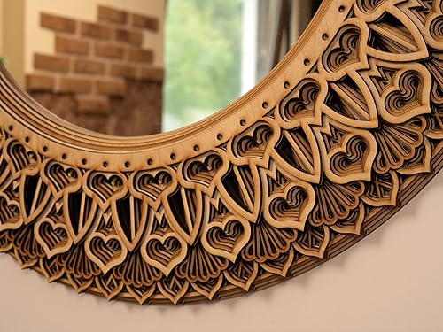 Miniatura 3 de BHDecor Espejo para decoración de pared para el hogar, marco tallado con corte láser, elegante mandala de madera para colgar, paneles de MDF para