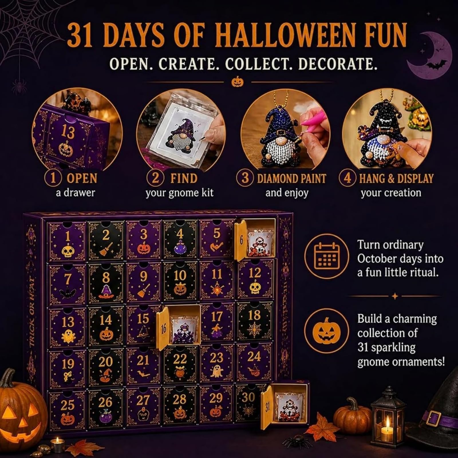 Calendario dell'Avvento con pittura con diamanti di Gnome Halloween | Kit Fai-da-Te con 31 Ornamenti a Forma di Gnomo, Set Completo di Diamond Painting con Strumenti e Perline, Regalo Creativo