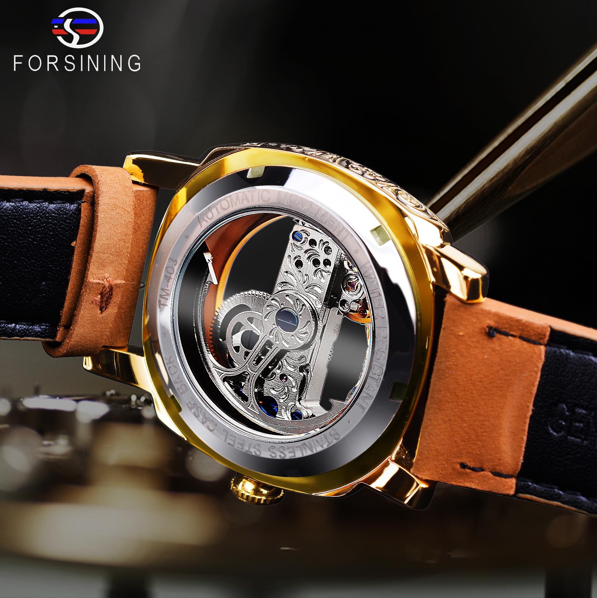 FORSINING Fancy Uhren für Männer, quadratische Retro mechanische Uhr Self-Wind geschnitzt, Gear Uhrwerk Golden Skelett Automatische Uhren Vintage Lederarmband Armbanduhr