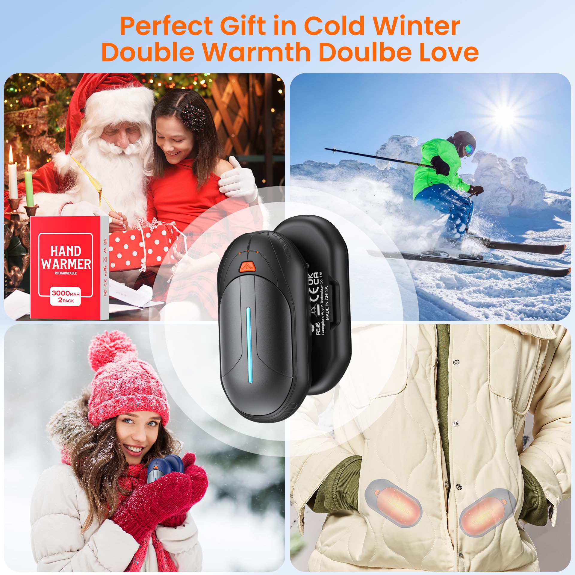 Electrique Chaufferette Main Rechargeable Reutilisable: 2pack Mini Hand warmer Chauffage USB-C 3000mAh Batterie Portable Chauffe Cadeau pour Femme Homme Enfant Chauffante pour Extérieur Camping Chasse