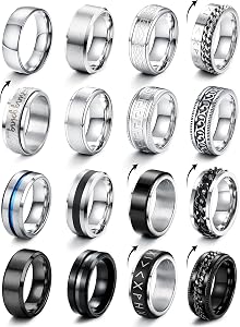 CASSIECA 16 Piezas Anillos Hombre Plata Negro Acero Inoxidable Anillos Giratorios Anillo Antiansiedad Boda Anillo Compromiso para Hombre Mujeres