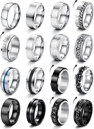 CASSIECA 16 Piezas Anillos Hombre Plata Negro Acero Inoxidable Anillos Giratorios Anillo Antiansiedad Boda Anillo Compromiso para Hombre Mujeres