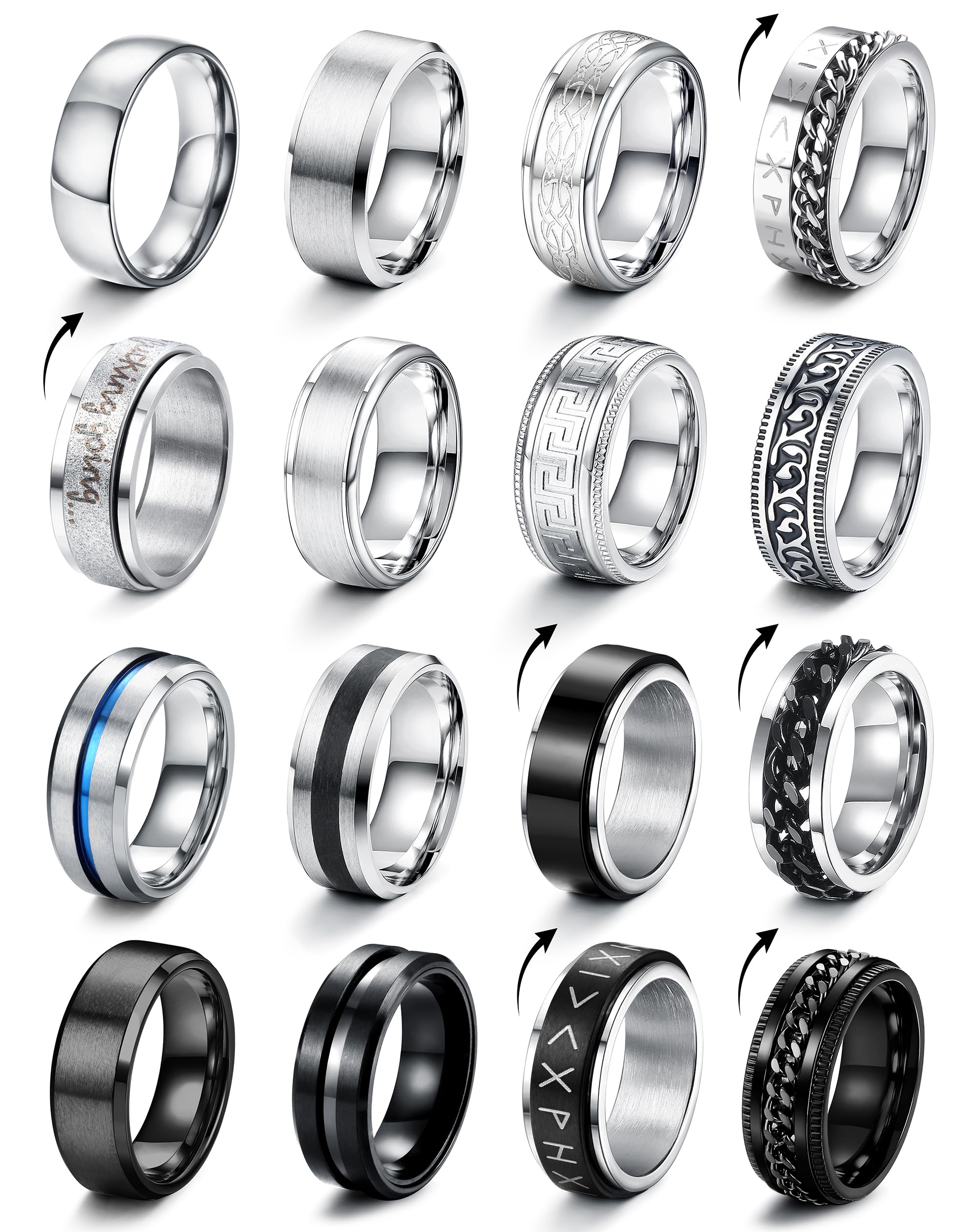 CASSIECA 16 Piezas Anillos Hombre Plata Negro Acero Inoxidable Anillos Giratorios Anillo Antiansiedad Boda Anillo Compromiso para Hombre Mujeres