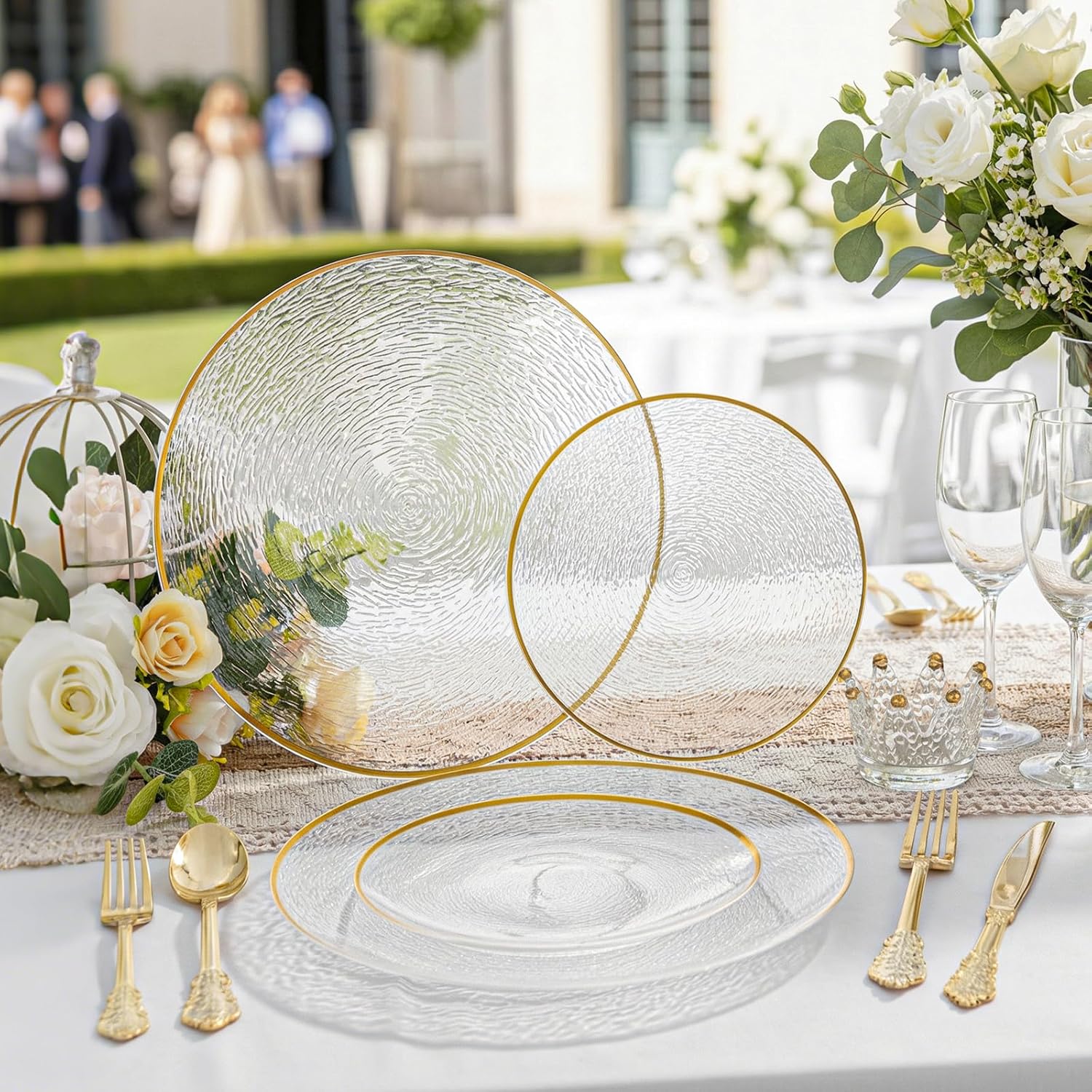 Licaere 60Pcs Clear Plastic Plates - Clear Disposable Plates With Gold Rim - Heavy-duty Gold Plates, Party Plates Include 30Clear Dessert-Platos,30Dinner-Platos for Wedding ＆ Party