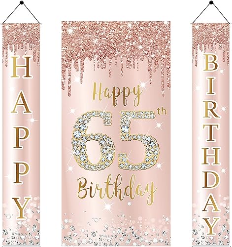 Cartel decorativo para puerta de cumpleaños 65 para mujer, cartel de fondo de cumpleaños de 65 años rosa y suministros de fiesta de feliz