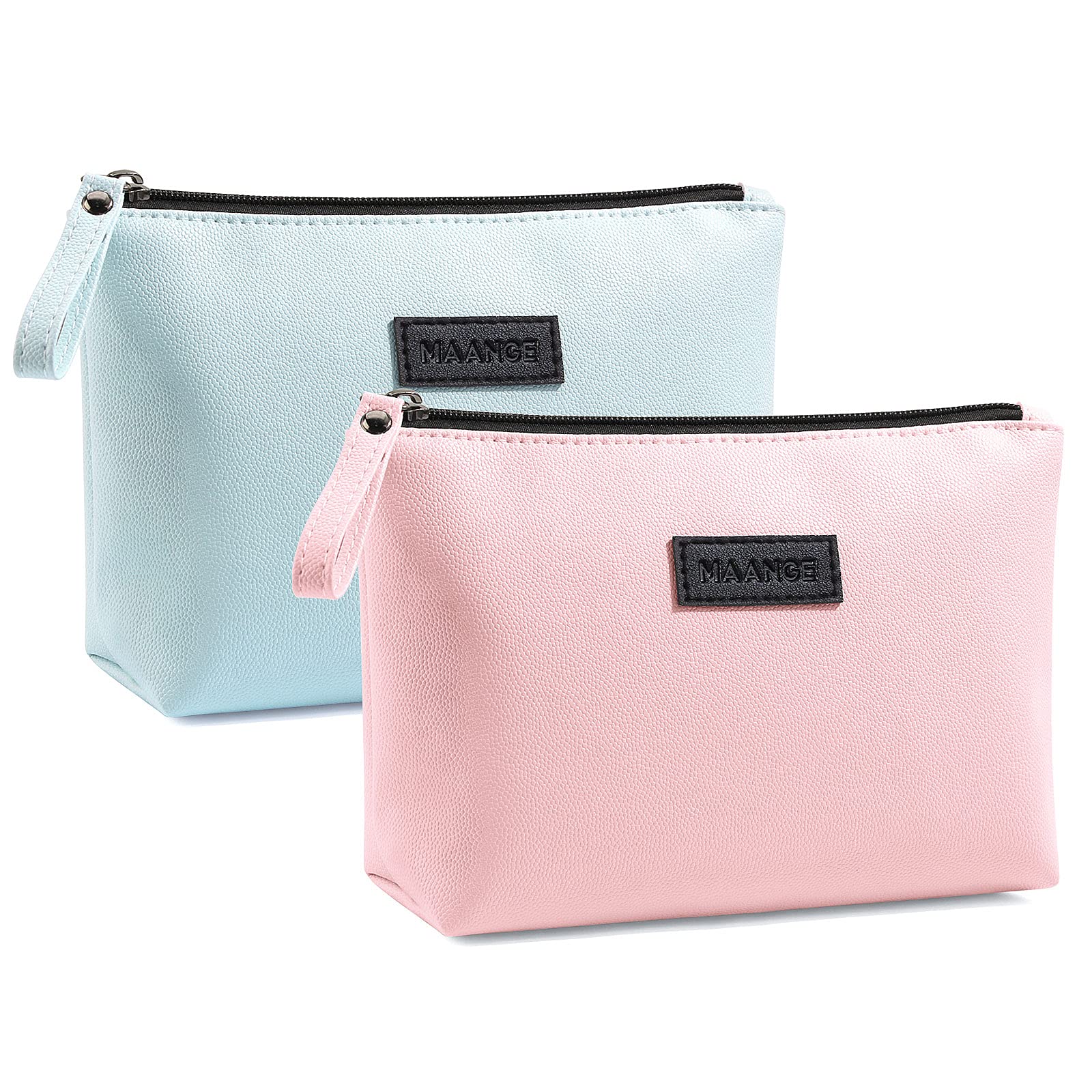 Small Makeup Bag for Purse 2 Pcs Travel Makeup Bag with Zipper Pu Leather Makeup Pouch Cosmetic Bags for Women Make Up Bag for Travelling (Pink+Blue)