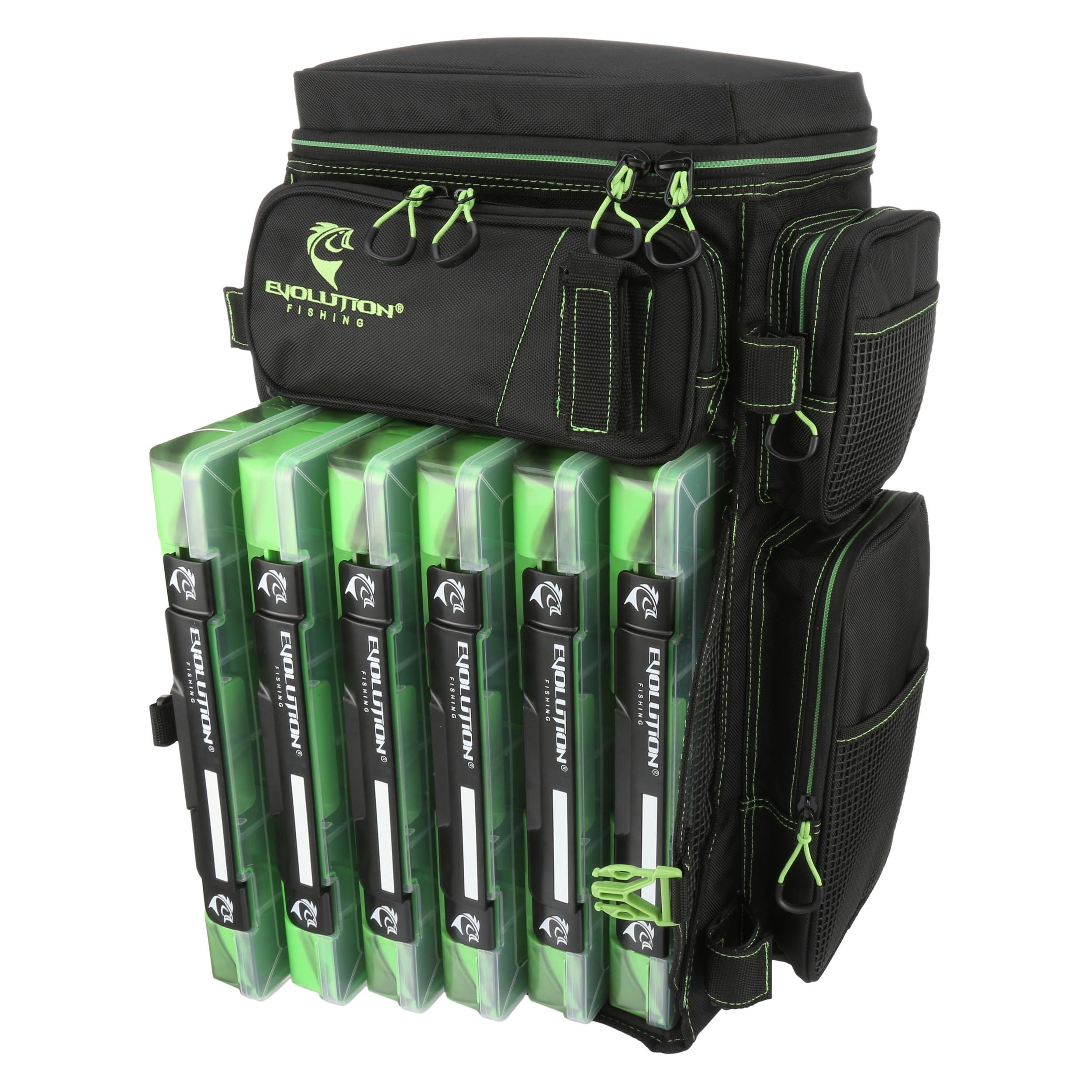Evolution Fishing Drift Series 3700 Tackle Backpack with QuikLatch System & 2 Rod Holders â€“ Green, Heavy Duty Fishing Backpack w/ 6 Tackle Trays, Built in Rain Fly