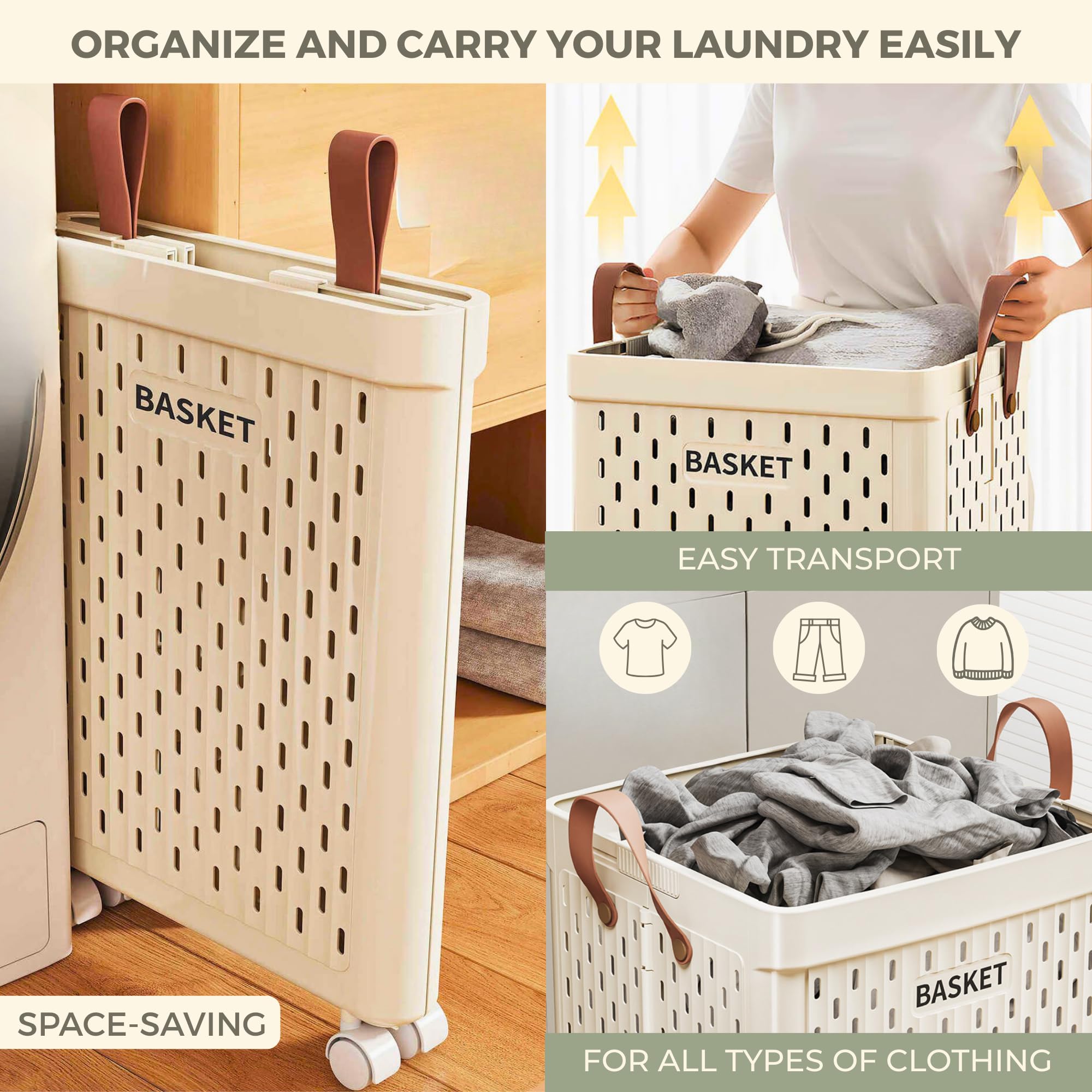Cesto Porta Biancheria Pieghevole con Ruote, Grande Cesto per Bucato con Maniglie, Ideale per Bagno, Camera e Lavanderia. (50×32×23 cm)