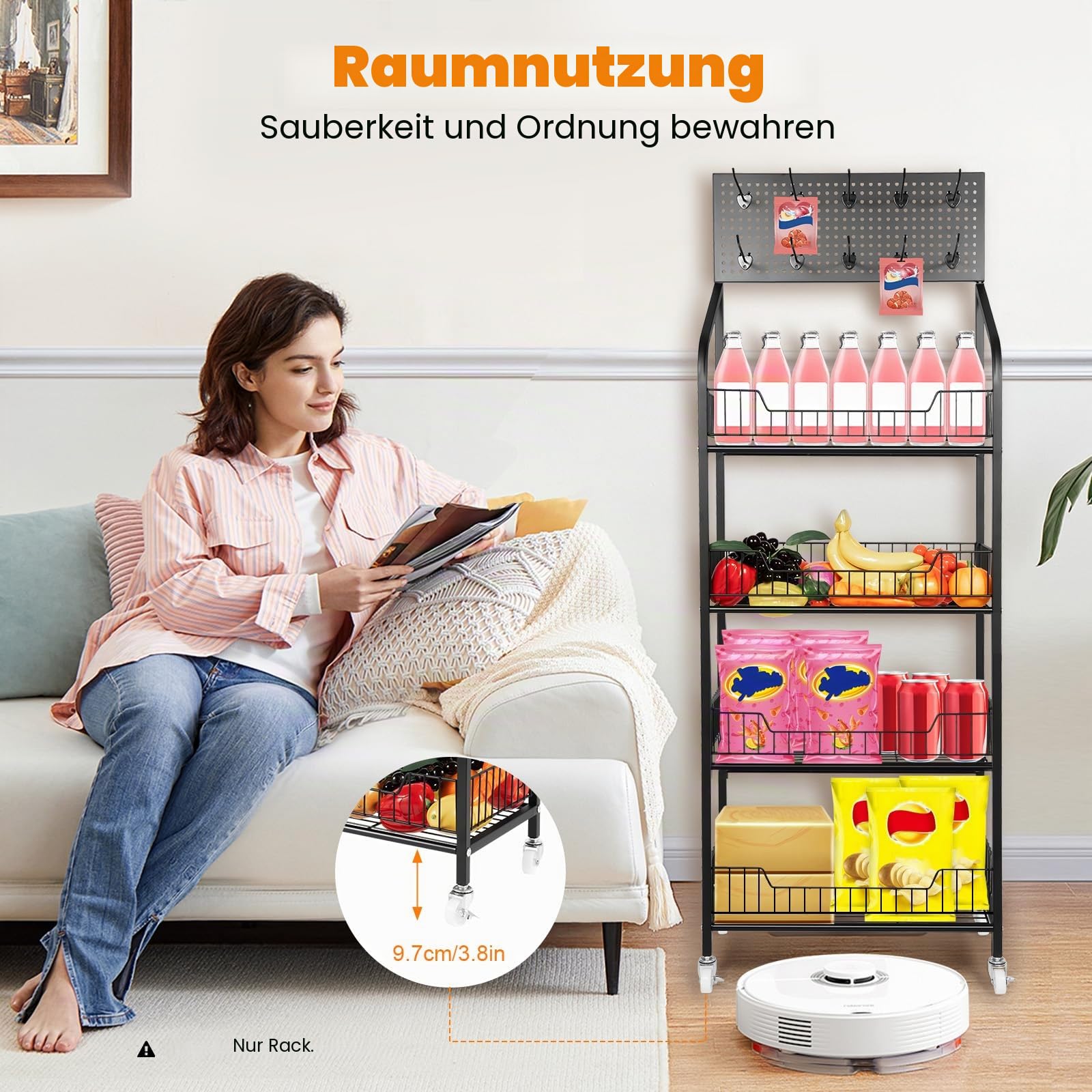 OUKANING Snackregal mit 4 Ebenen, Regal für Süßigkeiten mit Hängebrett & Rollen, Snack-Display & Chips-Regal, Höhenverstellbar Einzelhandelsständer Für Läden Zuhause, Geschäfte 50x27x140cm Schwarz Küc