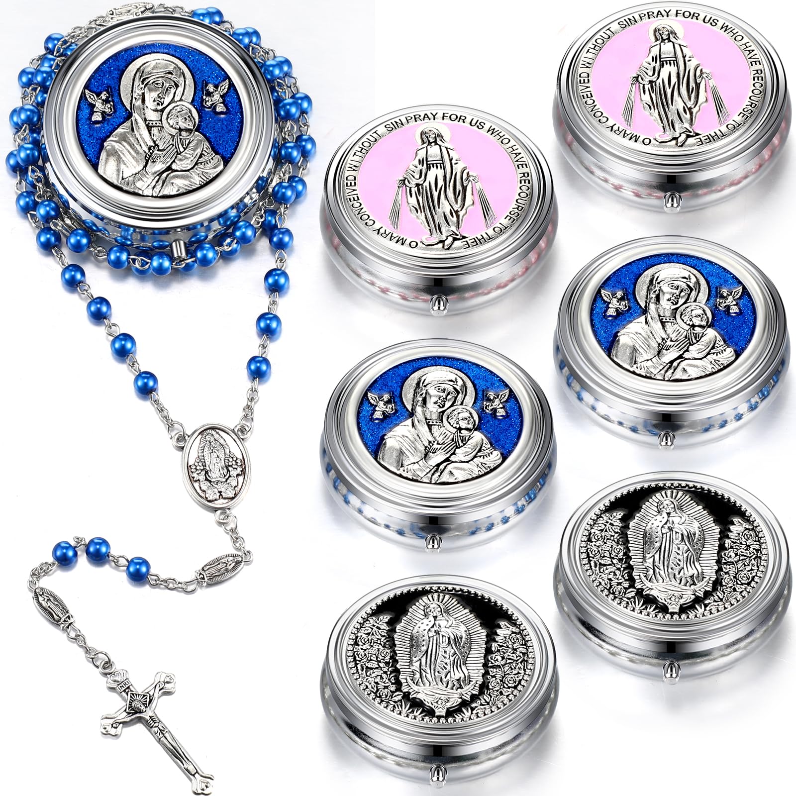 Ecation6 Pcs First Communion Catholic Rosary Necklace, Pearl Rosary Catholic in Metal Gift Box Our Father Beads with Caps Our Lady of Guadalupe and Necklace Prayer Gift for Men Women
