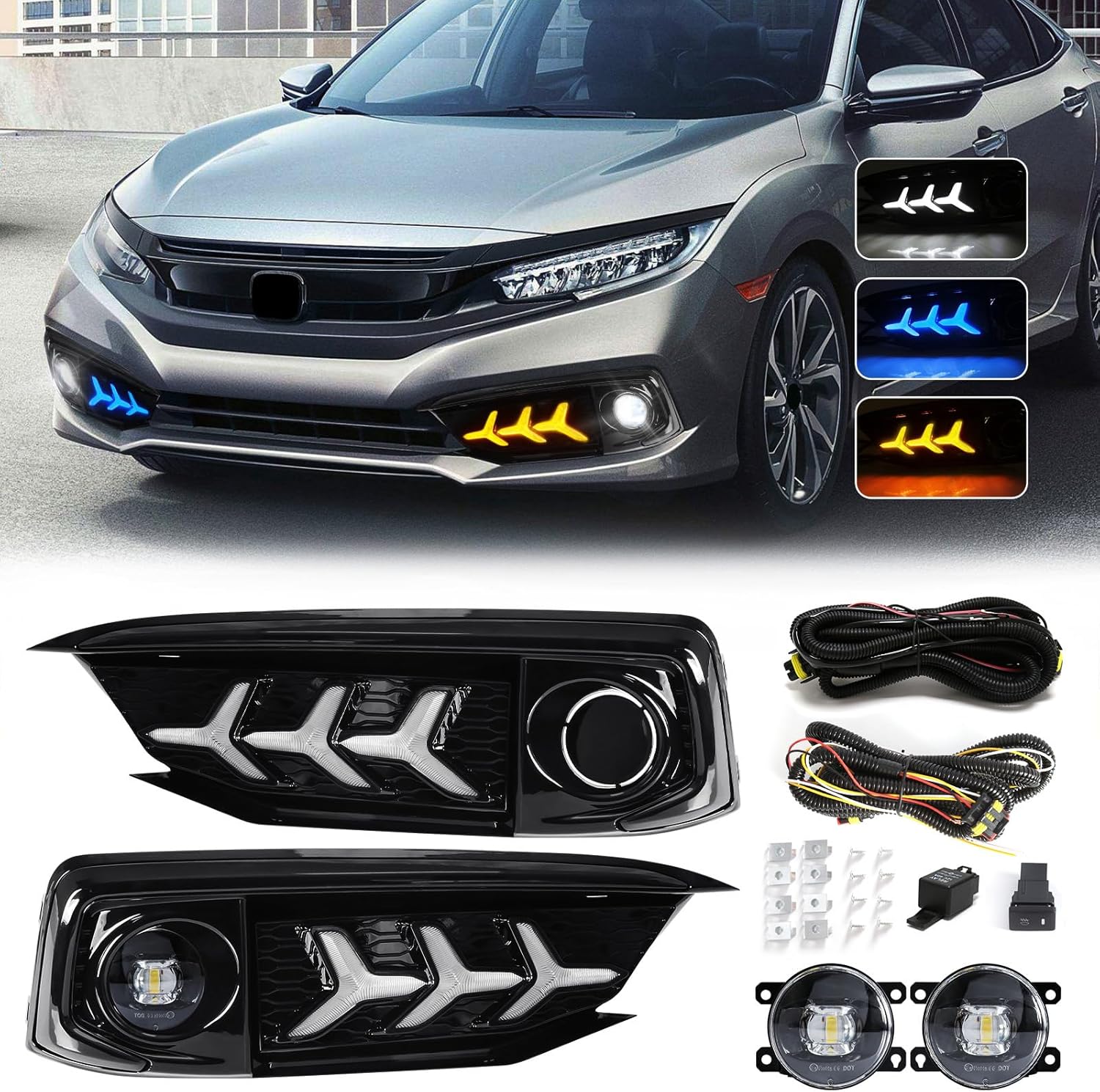 Daytime Running Lights For Honda Civic 2019 2020 Fog Light Replacement Tri-Colors DRL With LED Lamp Bulb Front Fog Light with Bezel