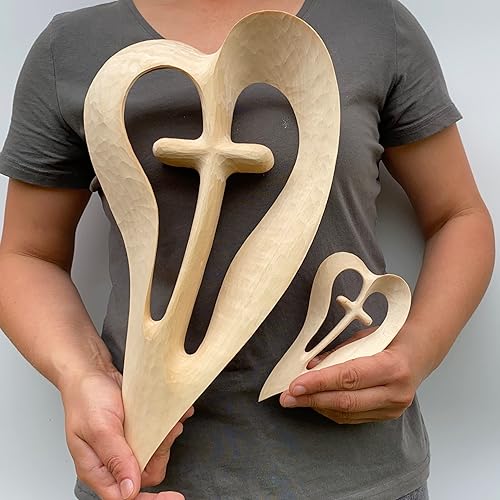 Miniatura 2 de Wooden Hand Cross, Handmade Wood Cross, Heart Design Cross, Wooden Carved Cross Wall Decor, Decorative Crosses for Wall Large and Small (9.84in, red)