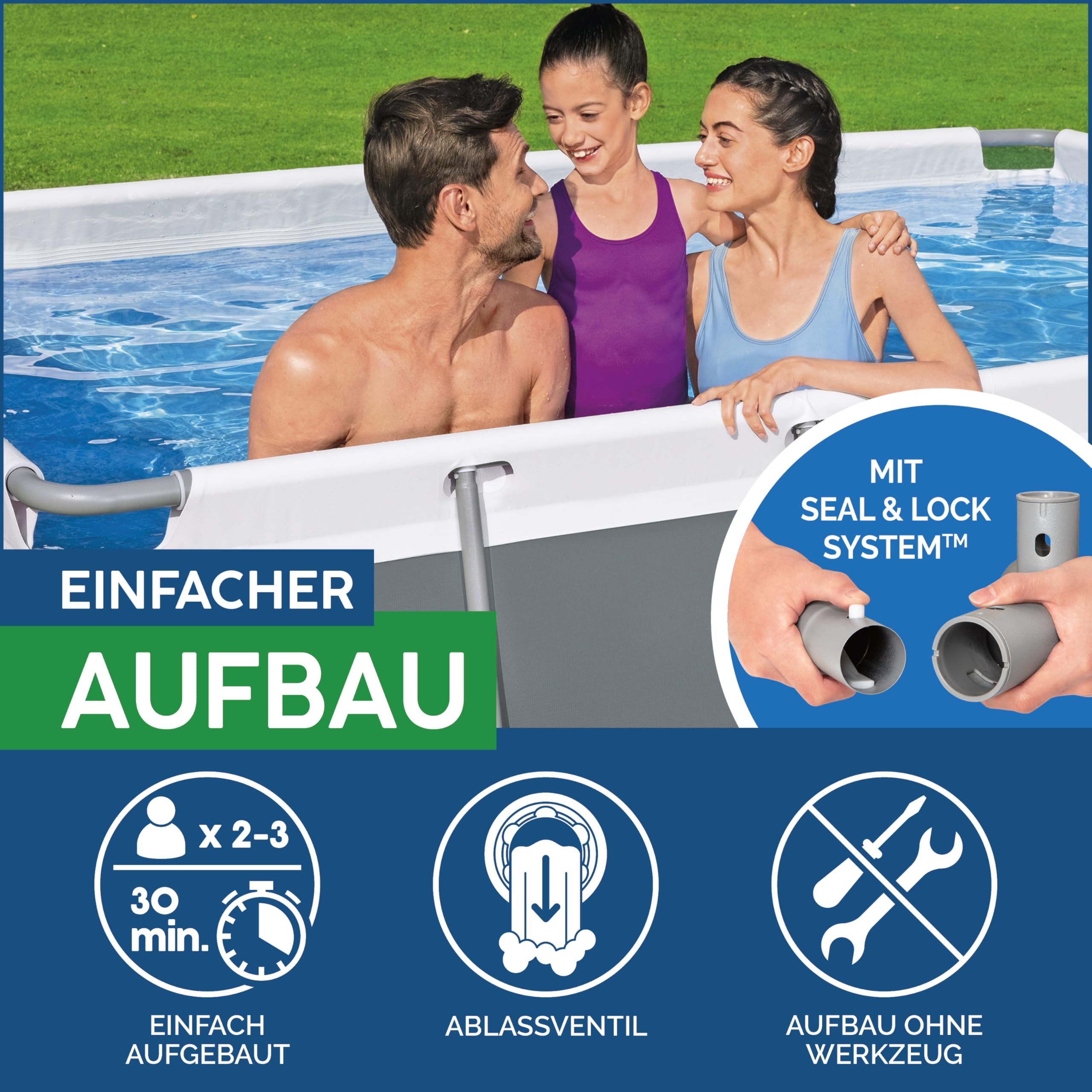 Bestway Power Steel Frame Pool Set mit Sandfilteranlage 404 x 201 x 100 cm, grau, eckig