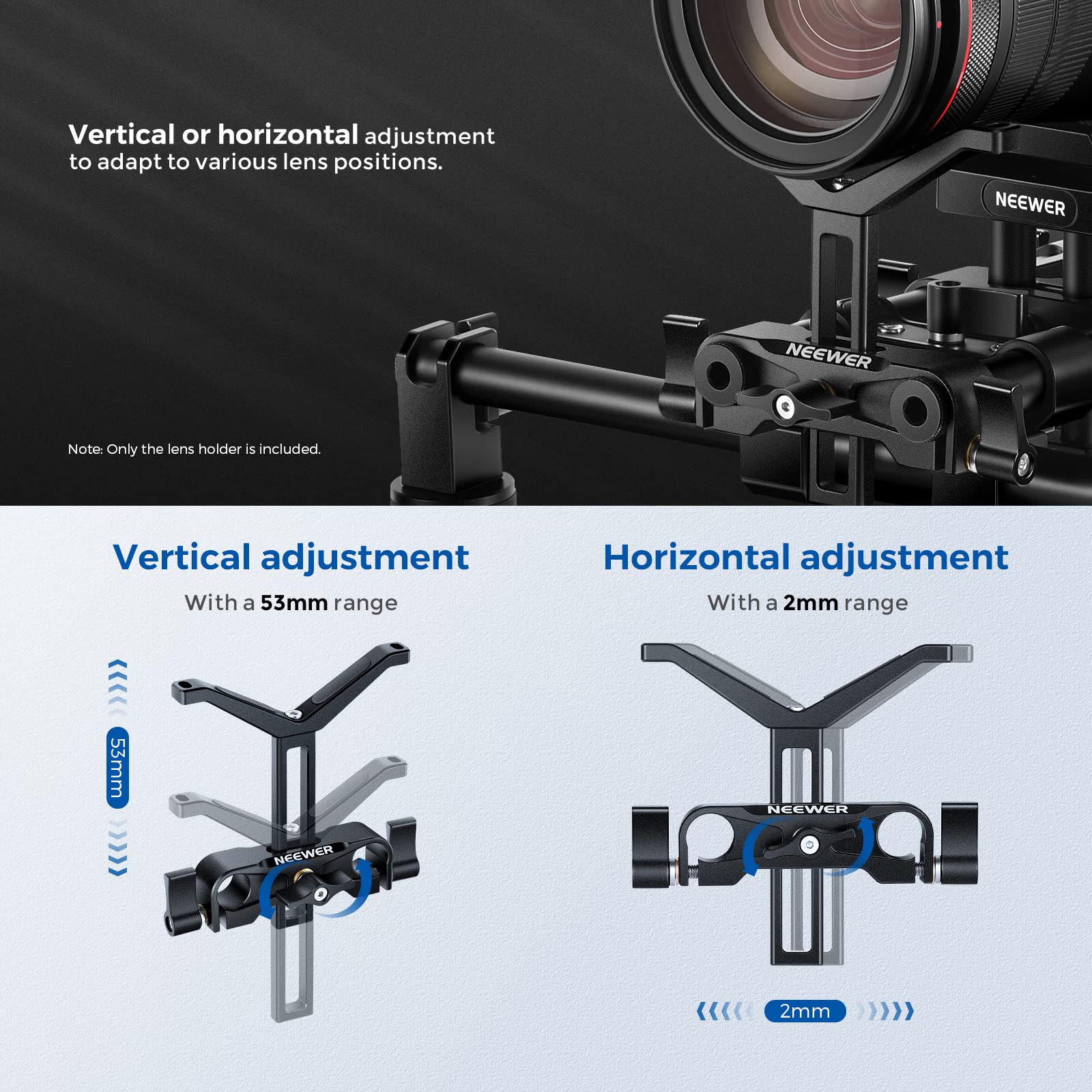 NEEWER Staffa di supporto per obiettivo lungo teleobiettivo, con altezza regolabile di 53 mm, compatibile con TILTA NICEYRIG DSLR Camera Shoulder Rig Follow Focus con aste da 15 mm - LSB53