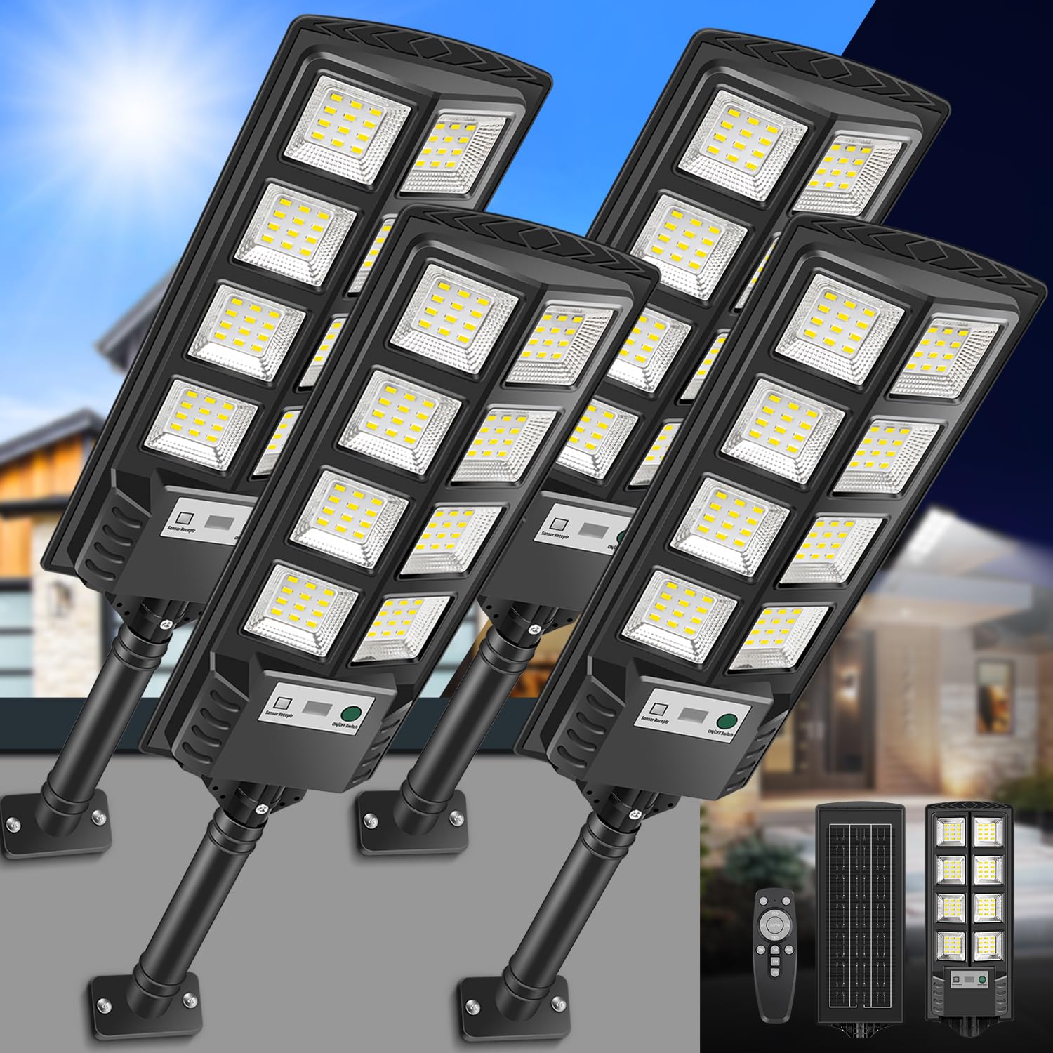 Lampadaire Solaire Extérieur LED 6000K avec Panneau Solaire et Détecteur de Mouvement, IP66 Étanche Lampe Lampadaire de Jardin Spot Solaire Projecteur avec Télécommande pour Cours Garage(4)