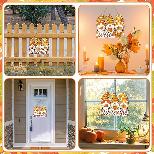Miniatura 6 de Decoración de otoño para puerta delantera, letreros de puerta de gnomo de otoño, letreros de bienvenida de otoño, adorno colgante de madera para
