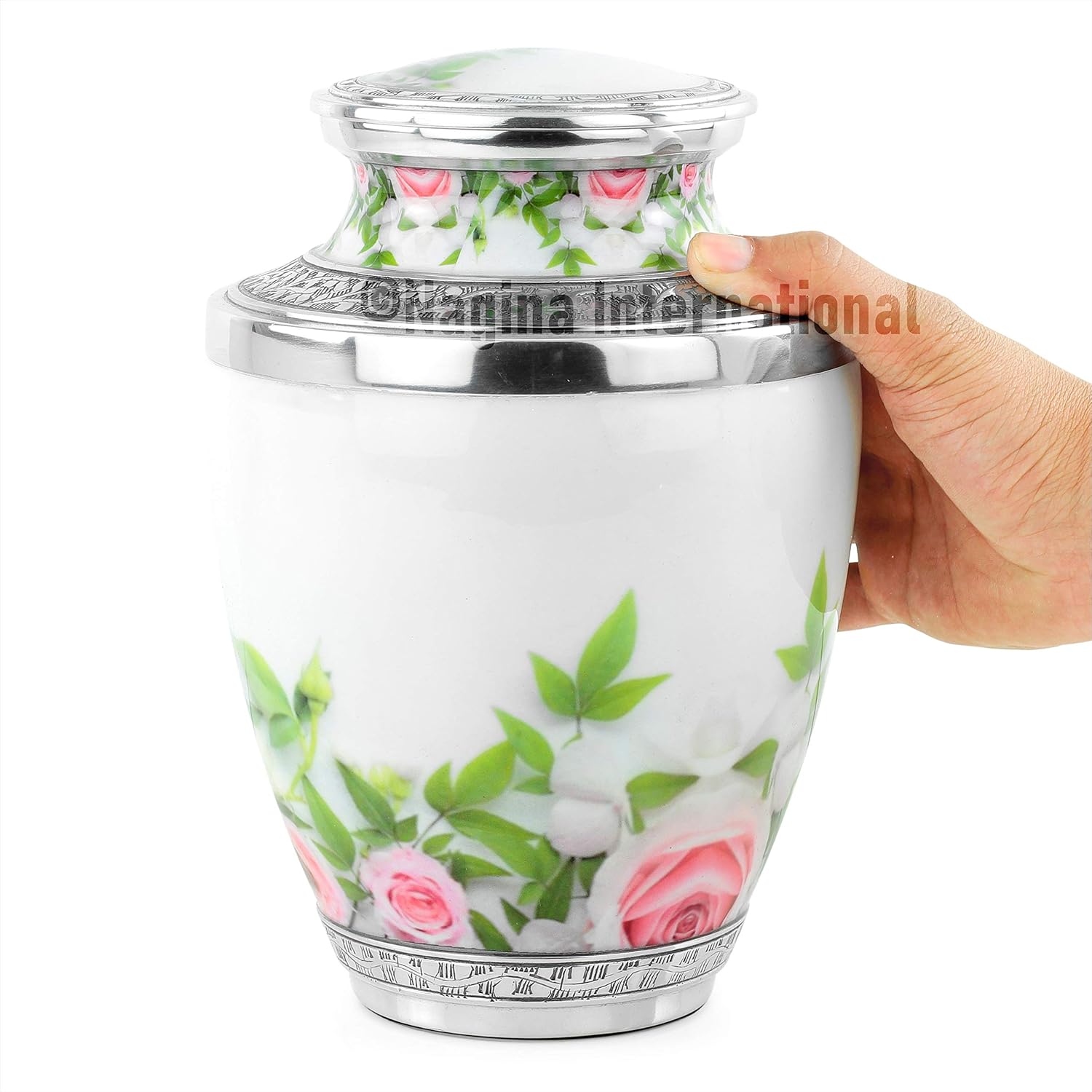 10" Aluminum Metal Cremation Urn for Cremated Human Ash Remains Storage | Beautiful Artwork Printed Funeral Pot & Cremation Jar (Mayfair Floral White) [B08YN7Y2YT]