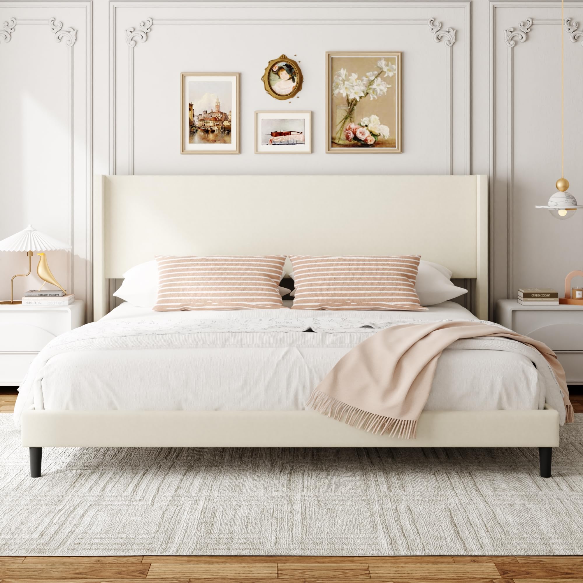 King Bed Frame with Wingback Headboard Velvet Upholstered Platform Bed with Wooden Slats 6 46 Under Bed Storage