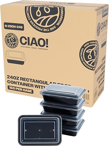 CIAO! Contenedor de comida rectangular negro moldeado por inyección de 24oz con tapa (150caja)
