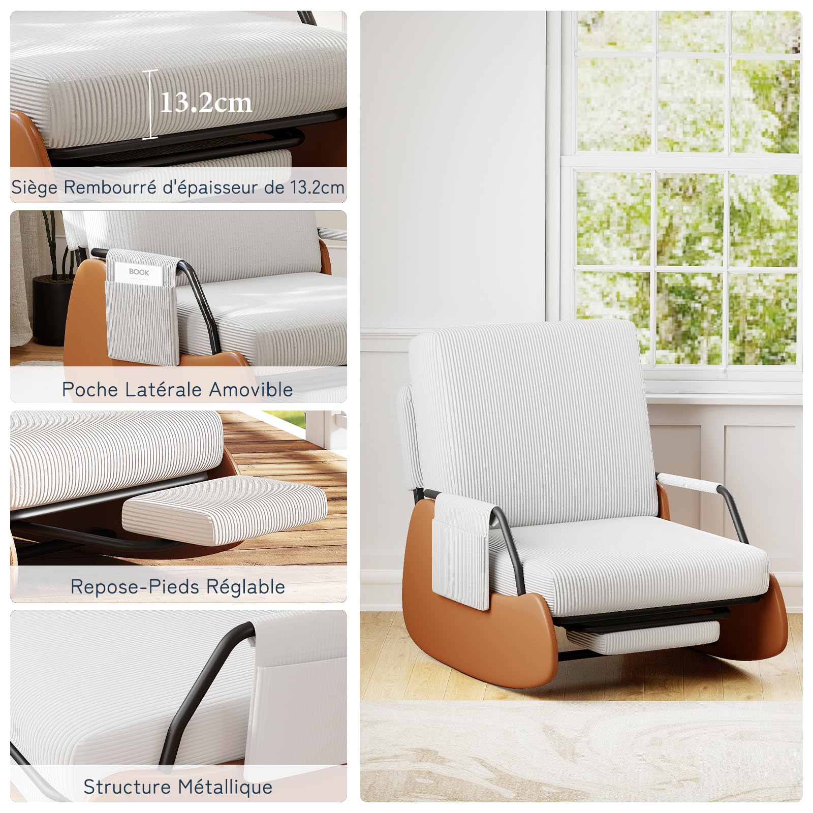 Fauteuil à Bascule avec Repose-Pieds, Fauteuil Allaitement avec Poches Latérales, Rocking Chair Inclinable Rembourré avec Dossier Réglable pour Salon et Chambre, Blanc