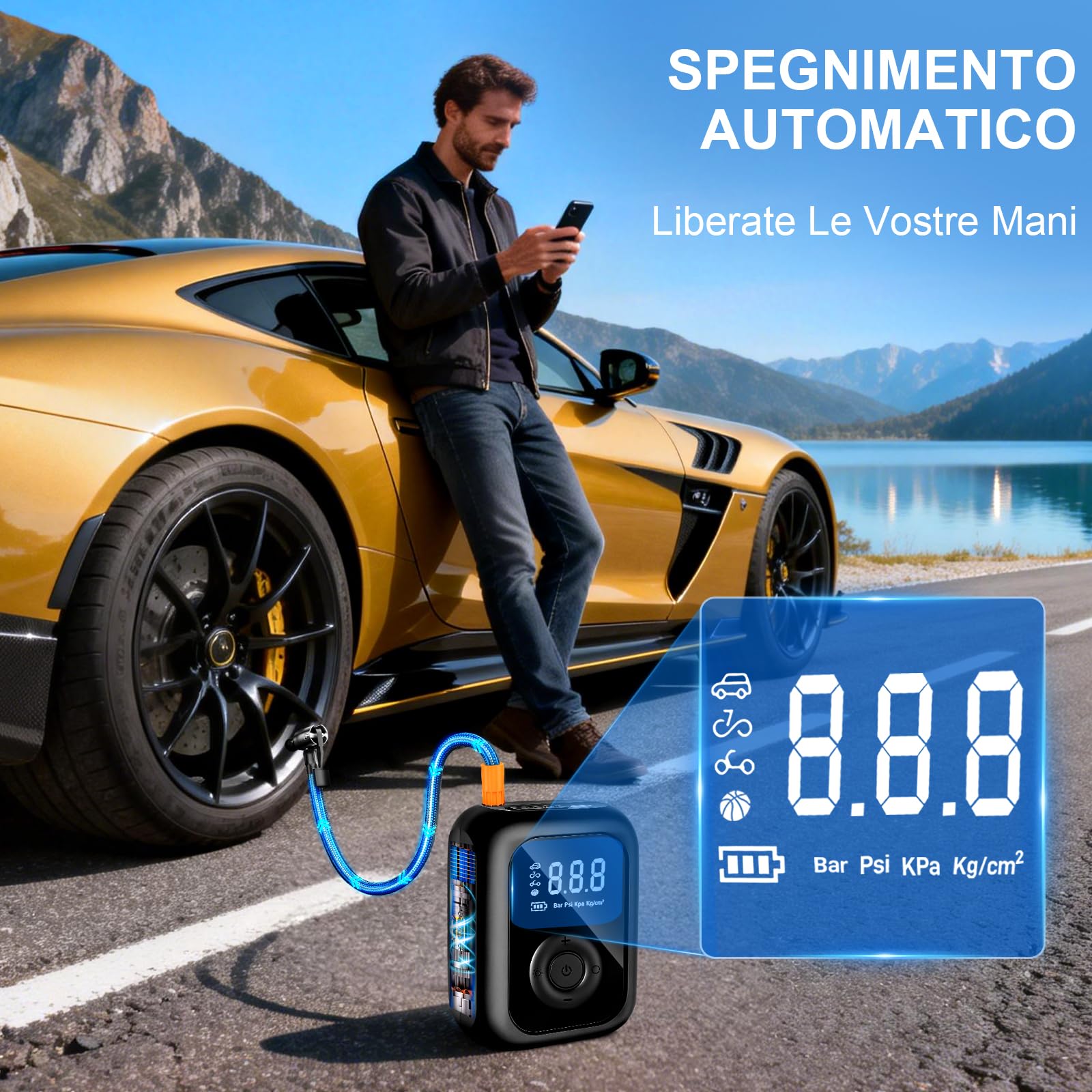 Compressore Aria Portatile,150PSI Pompa Elettrica per Bicicletta, Mini Compressore Bici con Schermo LED Digitale e Illuminazione LED,Gonfiatore Elettrico Portatile per Bici, Auto e Moto