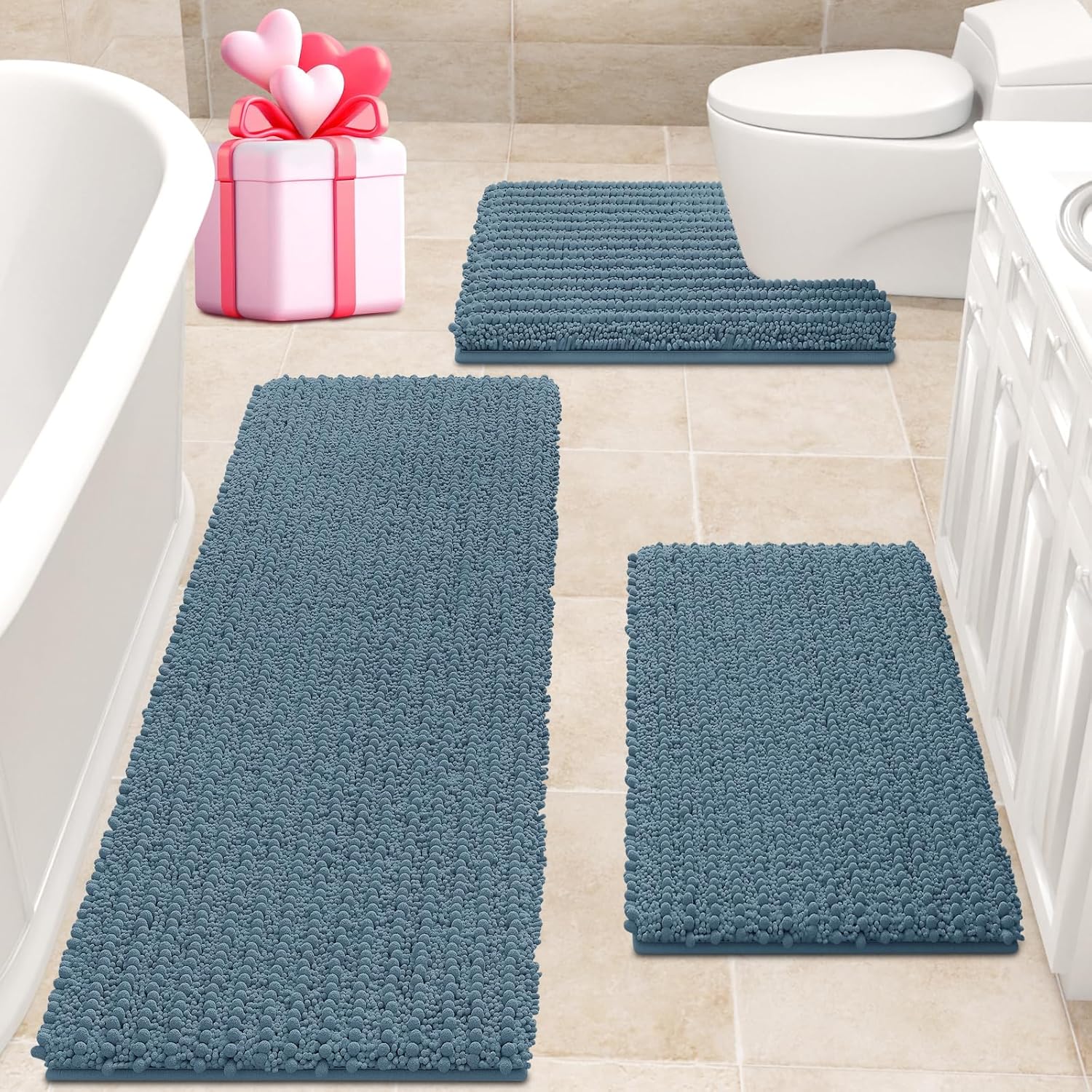 ACCUMTEK Upgrade Extra Large Haze Blue Bathroom Rug Set 3 Pieces Ultra Soft, Thick Absorbent Bath Mats, Non Slip Chenille Toilet Mat for Bathroom, Bedroom, Kitchen, Stone Blue 48"x20"+ 24"x17"+ U Shape 20"x24" Haze Blue
