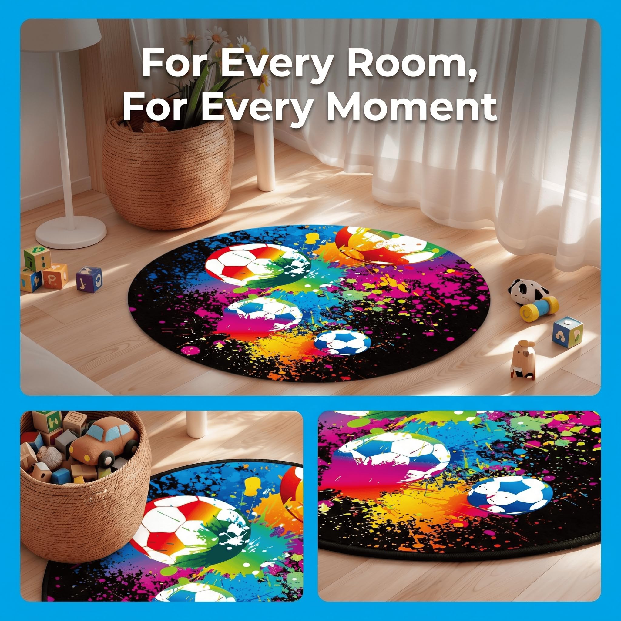 Runder Fußball-Teppich, 120 cm, rutschfeste Mikrofaser, für Schlafzimmer, Wohnzimmer, Arbeitszimmer, Nachttisch, Kinderzimmer, Bodenmatte, Teppich, Heimdekoration, 120 cm