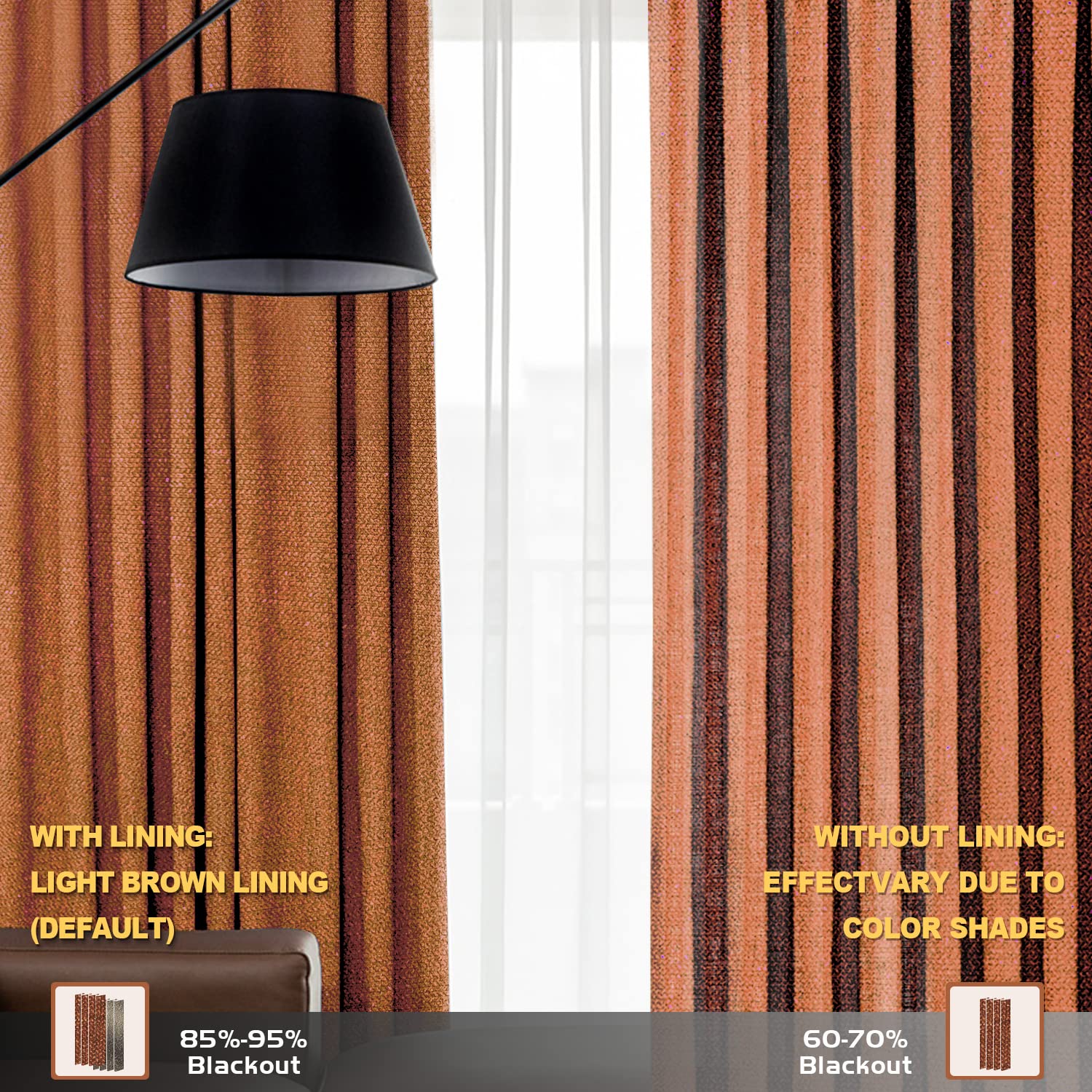 LIYAXUN Pinch Pleat Drapes for Traverse Rods, Faux Linen Curtains for Bedroom, 85% Blackout Curtains 72 Length, Room Thermal Insulated Curtains (Lined, 72" W x 72" L, 1 Panel, Amber)