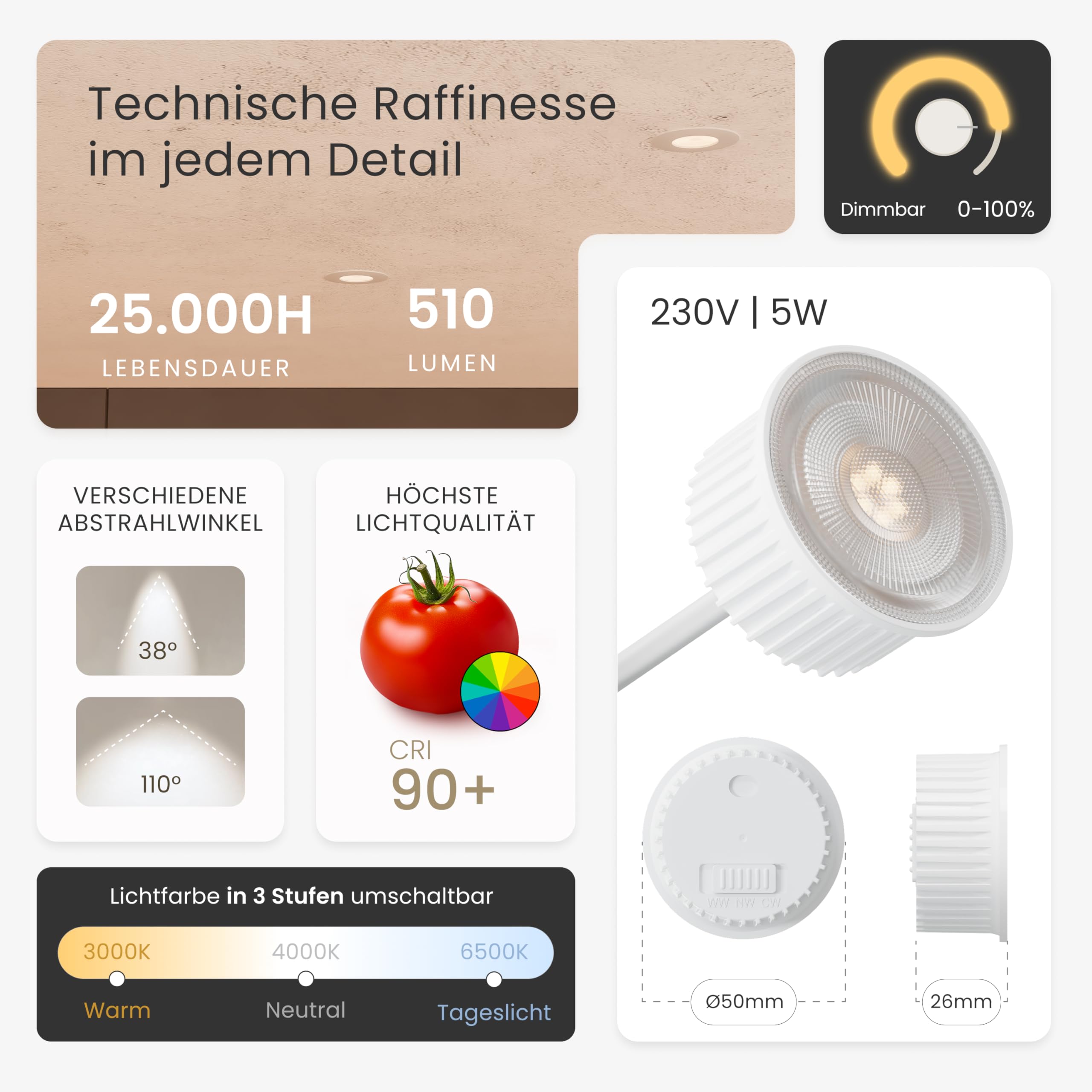 MATO 6x LED Einbaustrahler 230V Dimmbar 5W - 30° Schwenkbare, flache Spots 75mm Lochmaß - IP20 Einbauleuchten Deckenspots für Innenräume - Einbauspots Lichtfarbe umschaltbar, CRI 90+, 510lm