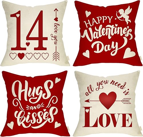 Juego de 4 fundas de almohada decorativas con texto en inglés Happy Valentine's Day de 20 x 20 pulgadas, diseño de flechas de corazón rojo, porche,