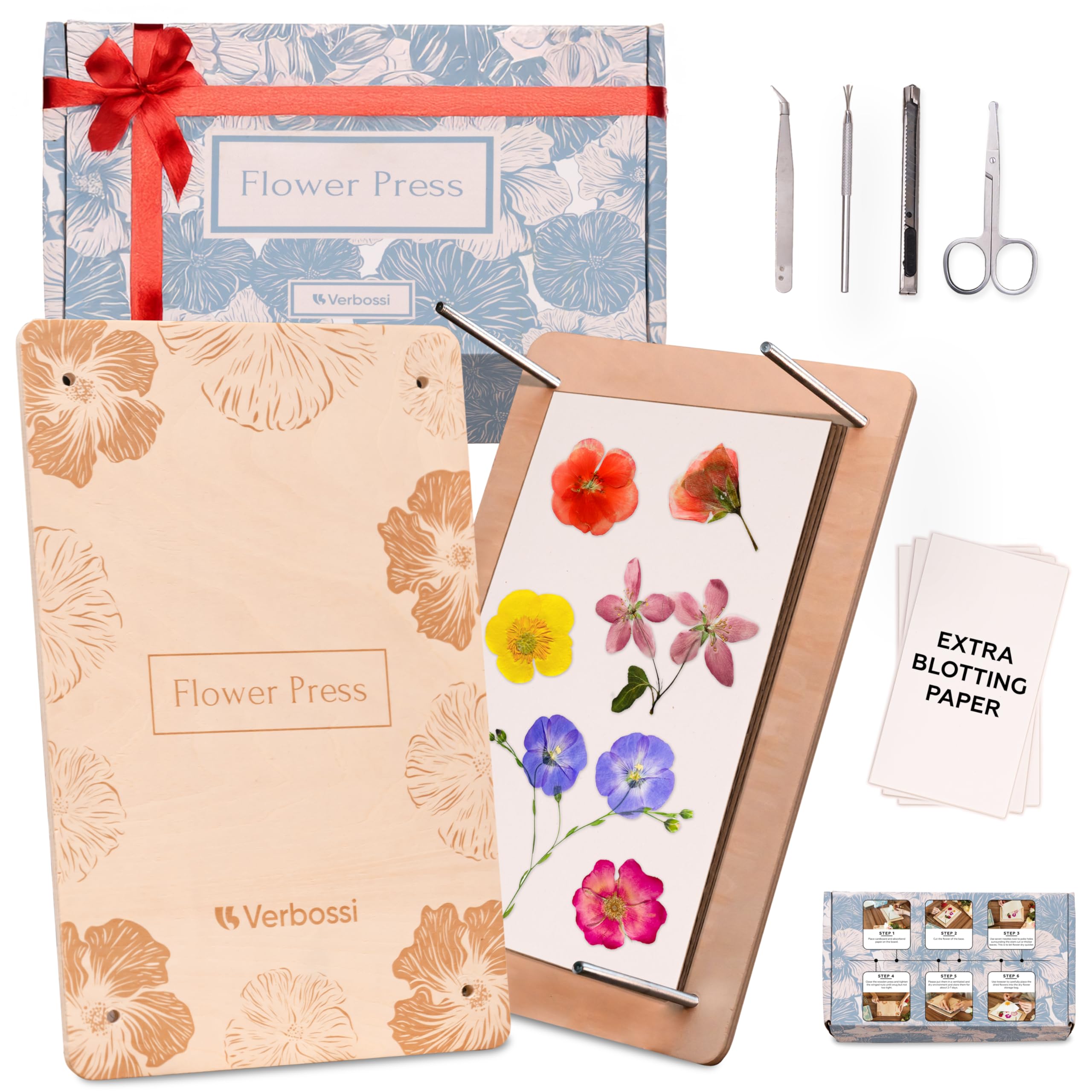 Verbossi Flower Press - Large Flower Press Kit 10.8" x 6.9" - Flower Pressing Kit for Adults & Kids - Pressed Flowers - Plant Press - DIY Flower Pressing - Gifts for Craft Lovers (Wooden)