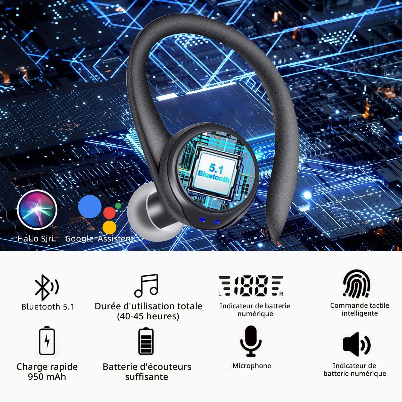 BROTHER INTERNATIONAL CORPORAT Casque Bluetooth, Casque sans Fil avec Microphone, Casque Bluetooth Sport, Son stéréo HiFi, Charge Rapide USB-C, réduction du Bruit, étanche IPX7, Temps de Lecture 48H