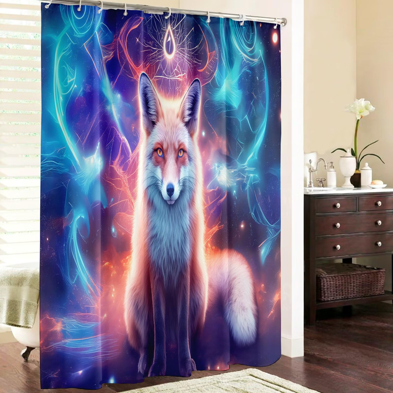 Cortina de Ducha con impresión Digital de Fantasía Animales Cortina de Baño con Cielo Estrellado Zorro,240x200cm Impermeable Cortinas de Ducha con 12 Ganchos Tela de poliéster para baño