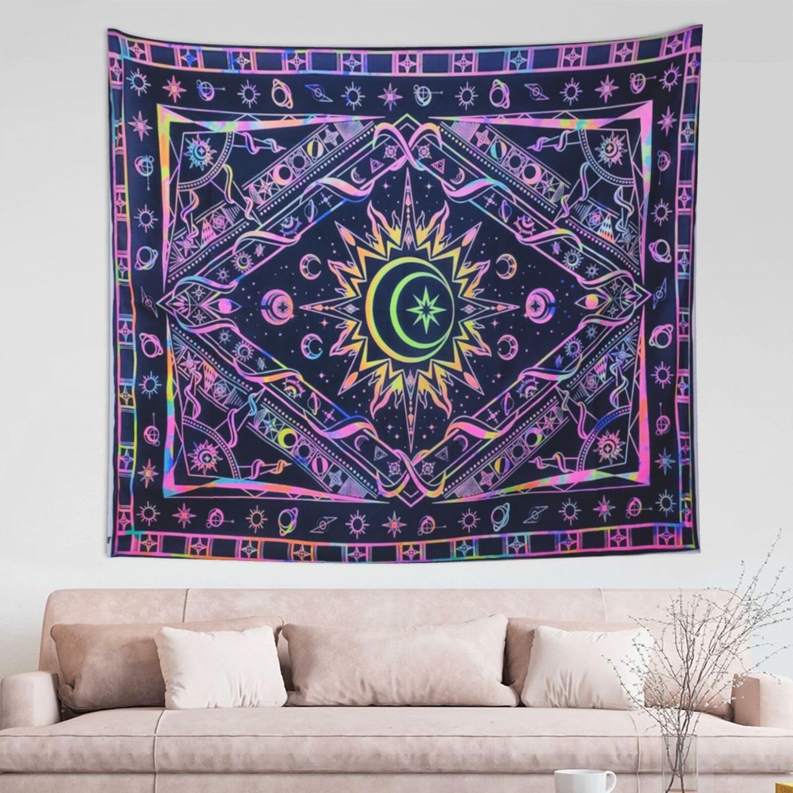 Roninkier Sun Moon UV Tapestry Black Light Wall Cloth, Psychedelic Aesthetic Natural Scenery Wall Hanging for Bedroom Living Room (Sun Moon 5, 150 x 100cm)