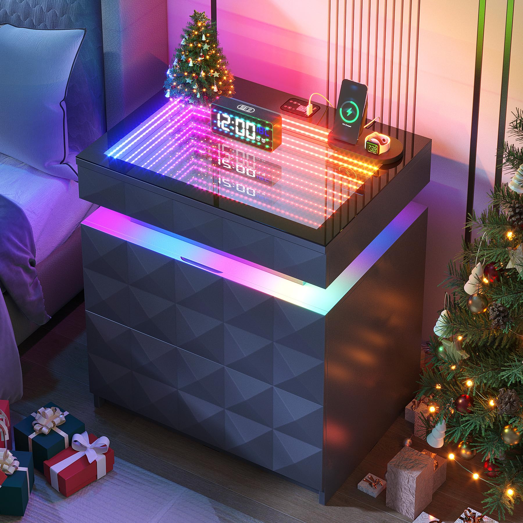 Night Stand with Charging Station and RGB Lights, LED Nightstand with Tempered Glass and Sliding Top, 3 Drawers Bedside Table with Hidden Storage, Lockable End Side Table for Bedroom, Grey