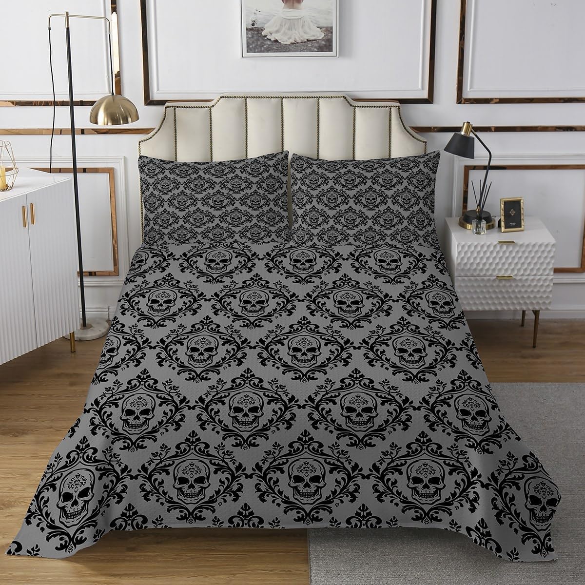 jejeloiu Black Damask Bedspread Antique Baroque Bedspread for Kids Boys Girls Gothic Vintage Floral Coverlet Set Bohemian Exotic Quilted Bedroom Collection 3Pcs Queen Size